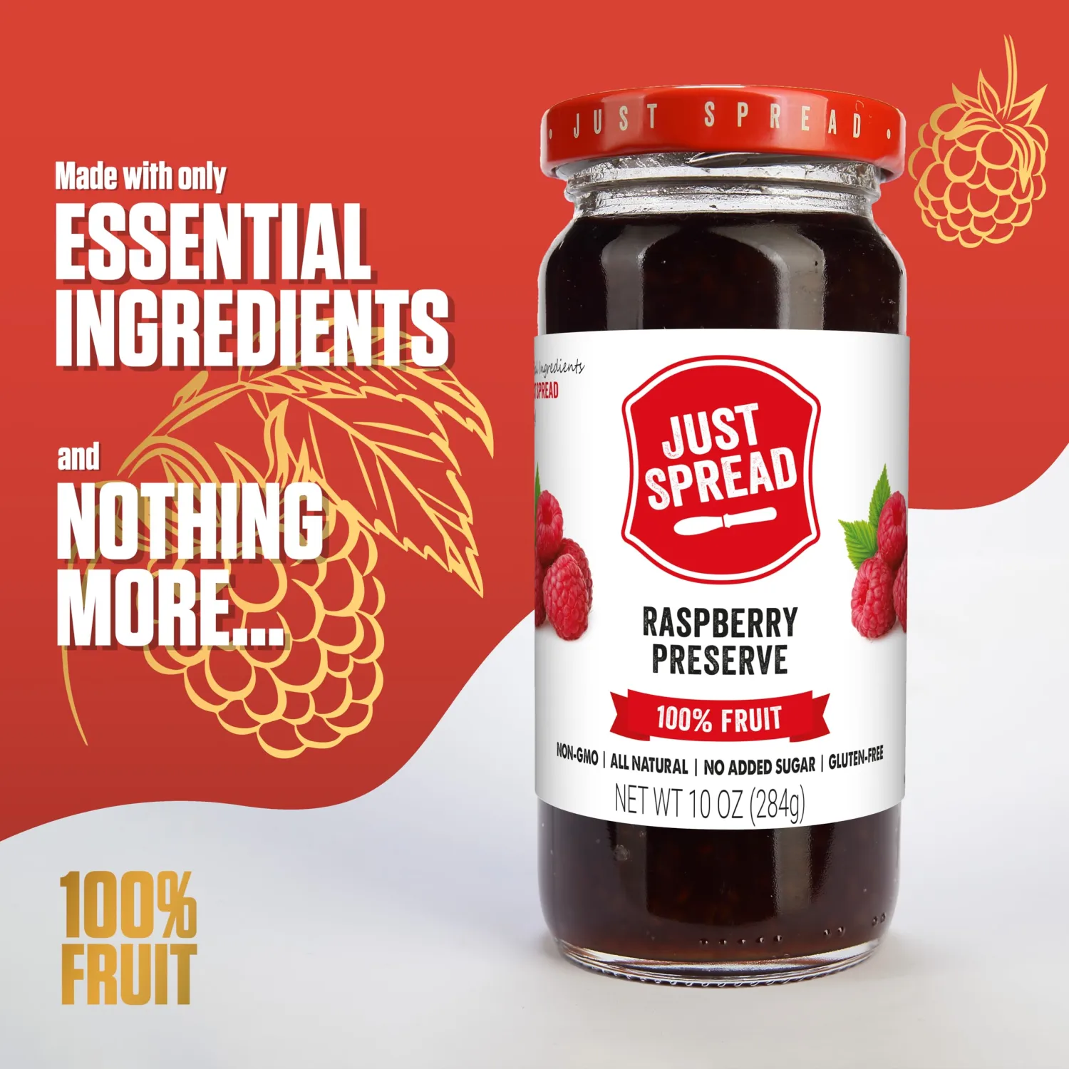 Just Spread 100% Fruit Preserve, Raspberry, 10 oz Jar | Made with Real Fruit Pieces, No Added Sugar, Only 4 Ingredients, Gluten Free, Vegan, Non GMO