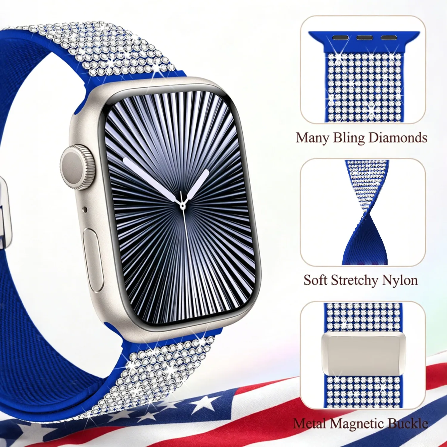 wipalor Blue Band Fit Bling Apple Watch Bands for Women (42mm Series 11/10) 41mm 40mm 38mm, Stretchy Nylon Magnetic iWatch Band for iPhone Watch Series 11 10 SE 9 8 7 6 5 4 3-Blue