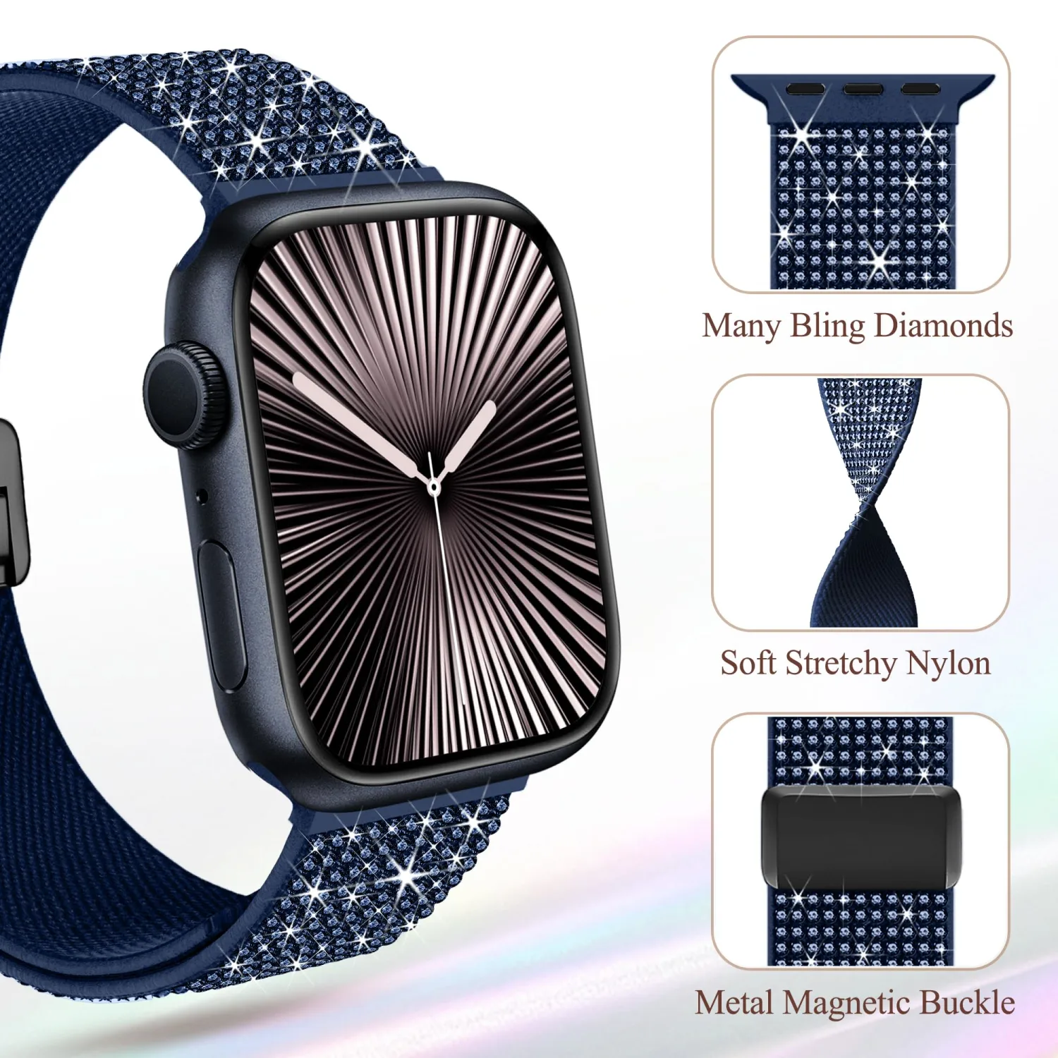 wipalor Sparkly Stretchy Nylon Magnetic Band Fit Bling Apple Watch Bands for Women 42mm 41mm 40mm 38mm, Elastic iWatch Bands for Glitter iPhone Watch Series 11 10 SE 9 8 7 6 5 4 3-Ocean Blue