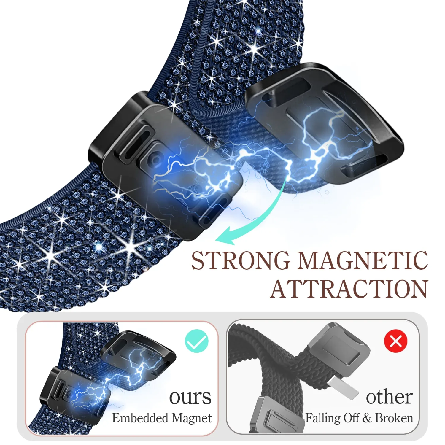 wipalor Sparkly Stretchy Nylon Magnetic Band Fit Bling Apple Watch Bands for Women 42mm 41mm 40mm 38mm, Elastic iWatch Bands for Glitter iPhone Watch Series 11 10 SE 9 8 7 6 5 4 3-Ocean Blue