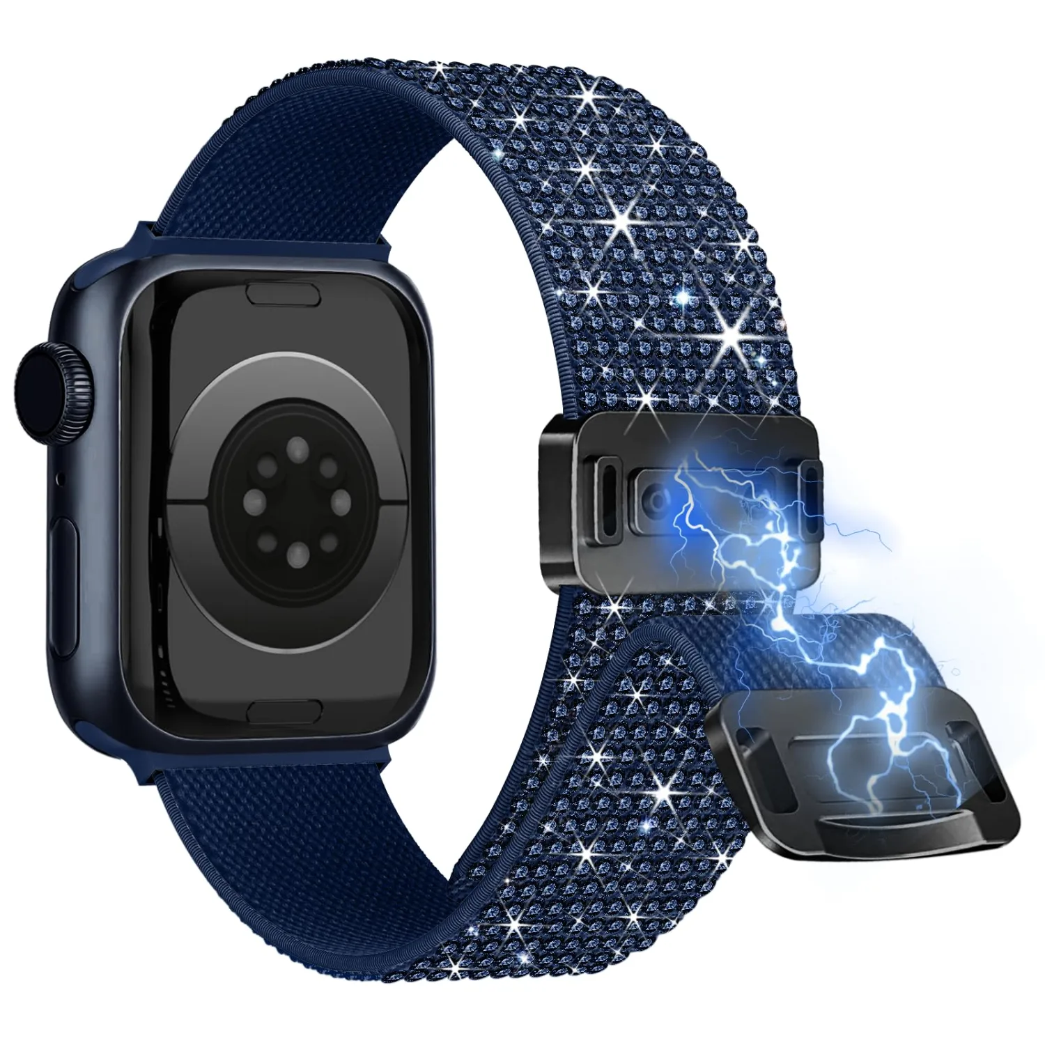 wipalor Sparkly Stretchy Nylon Magnetic Band Fit Bling Apple Watch Bands for Women 42mm 41mm 40mm 38mm, Elastic iWatch Bands for Glitter iPhone Watch Series 11 10 SE 9 8 7 6 5 4 3-Ocean Blue