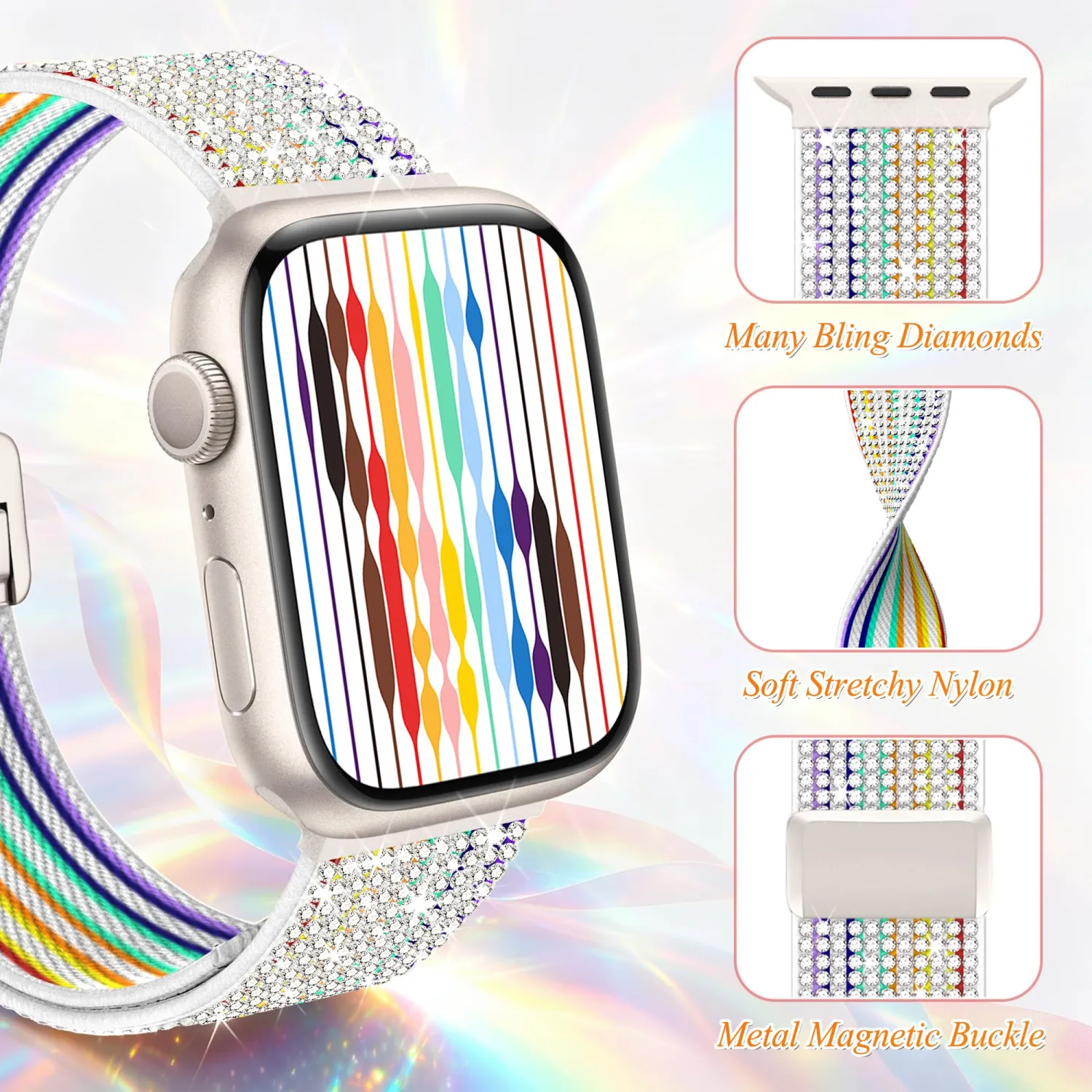 wipalor Pride Rainbow Sparkly Magnetic Band Fit Bling Apple Watch Bands for Women 42mm 44mm 45mm 46mm 49mm, Elastic Stretchy Nylon iWatch Bands Glitter iPhone Watch Series 11 10 SE 9 8 7 6 5 4 3 Ultra