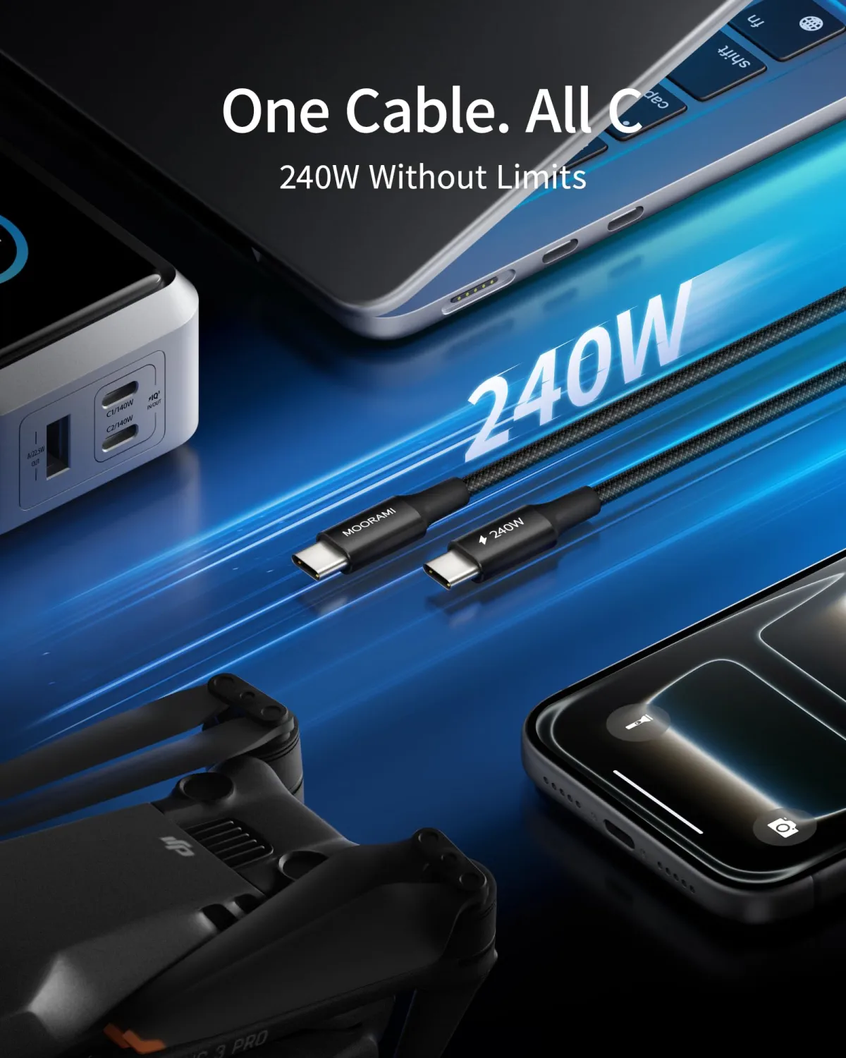 2-Pack 1.5ft 240W USB C to C Cable, Travel Station Laptop Hub | Short 18-Inch Cord | PD 3.1 Fast Charge | For iPhone 17 16 15 | For MacBook | 48-Braided | 480Mbps Data | Tangle-Free