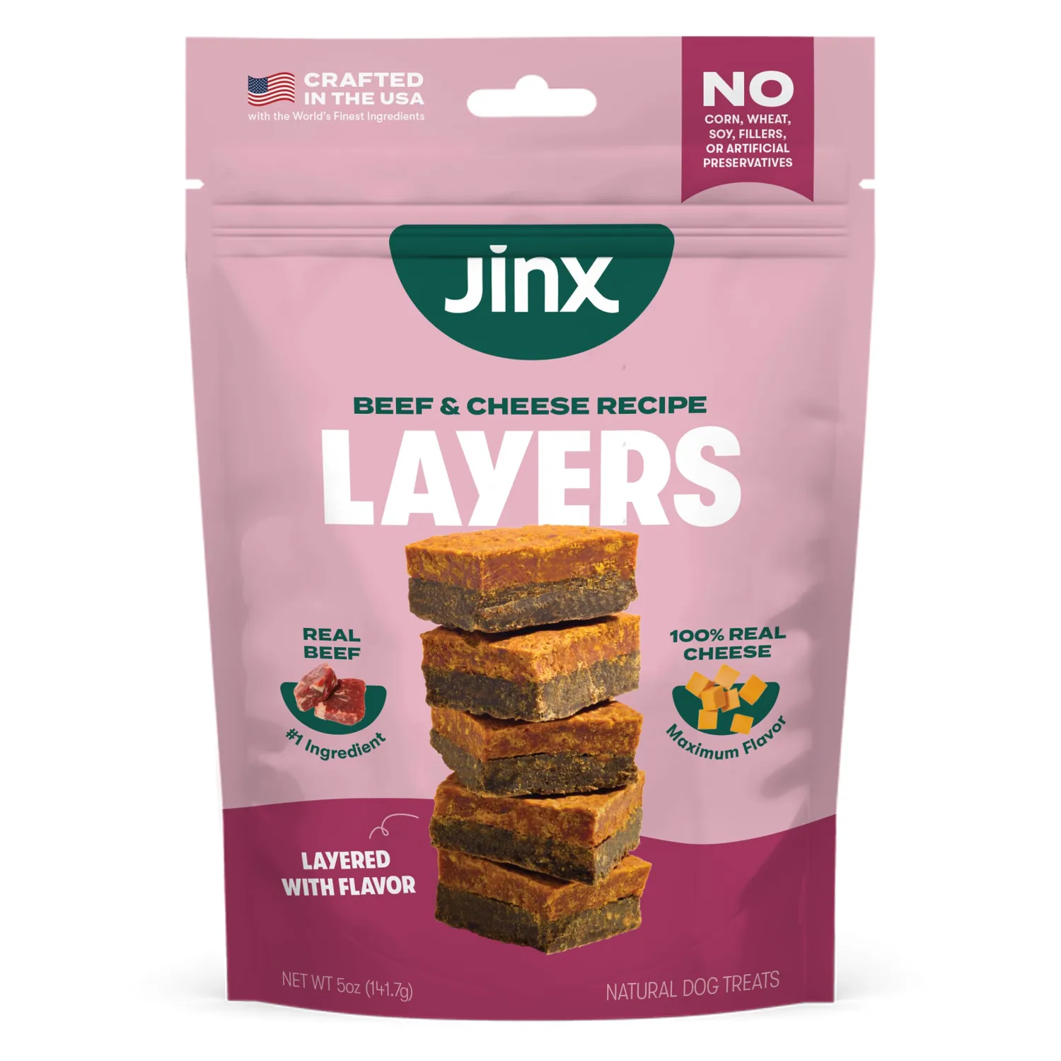 Jinx Beef & Cheese Layers Jerky Dog Treats - Crunchy, All Natural Dog Jerky Treats with Grass-Fed Beef & Cheese - Pet Products for All Dogs (Puppies, Adults & Seniors) - 5oz | Crunchy, All Natural Dog Jerky Treats with Grass-Fed Beef & Cheese for Puppies, Adults & Seniors