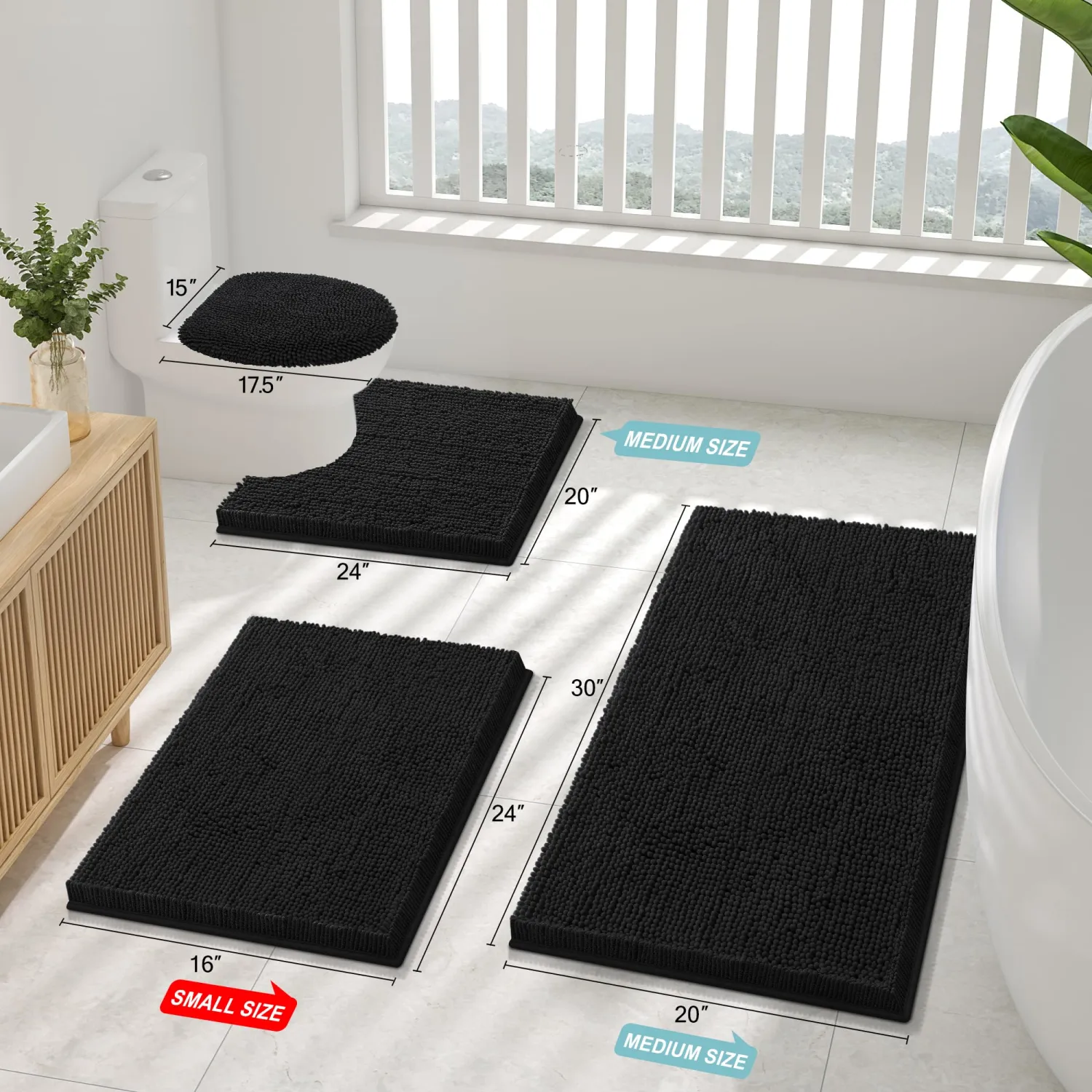 Smiry Bathroom Rugs 30X20, Luxury Chenille Extra Soft Absorbent Bath Mat | Black, Machine Washable Non-Slip Plush Bath Mats for Bathroom, Tub, Shower, and Floor, Home Decor