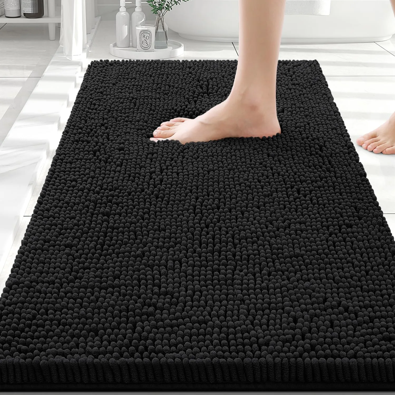 Smiry Bathroom Rugs 30X20, Luxury Chenille Extra Soft Absorbent Bath Mat | Black, Machine Washable Non-Slip Plush Bath Mats for Bathroom, Tub, Shower, and Floor, Home Decor