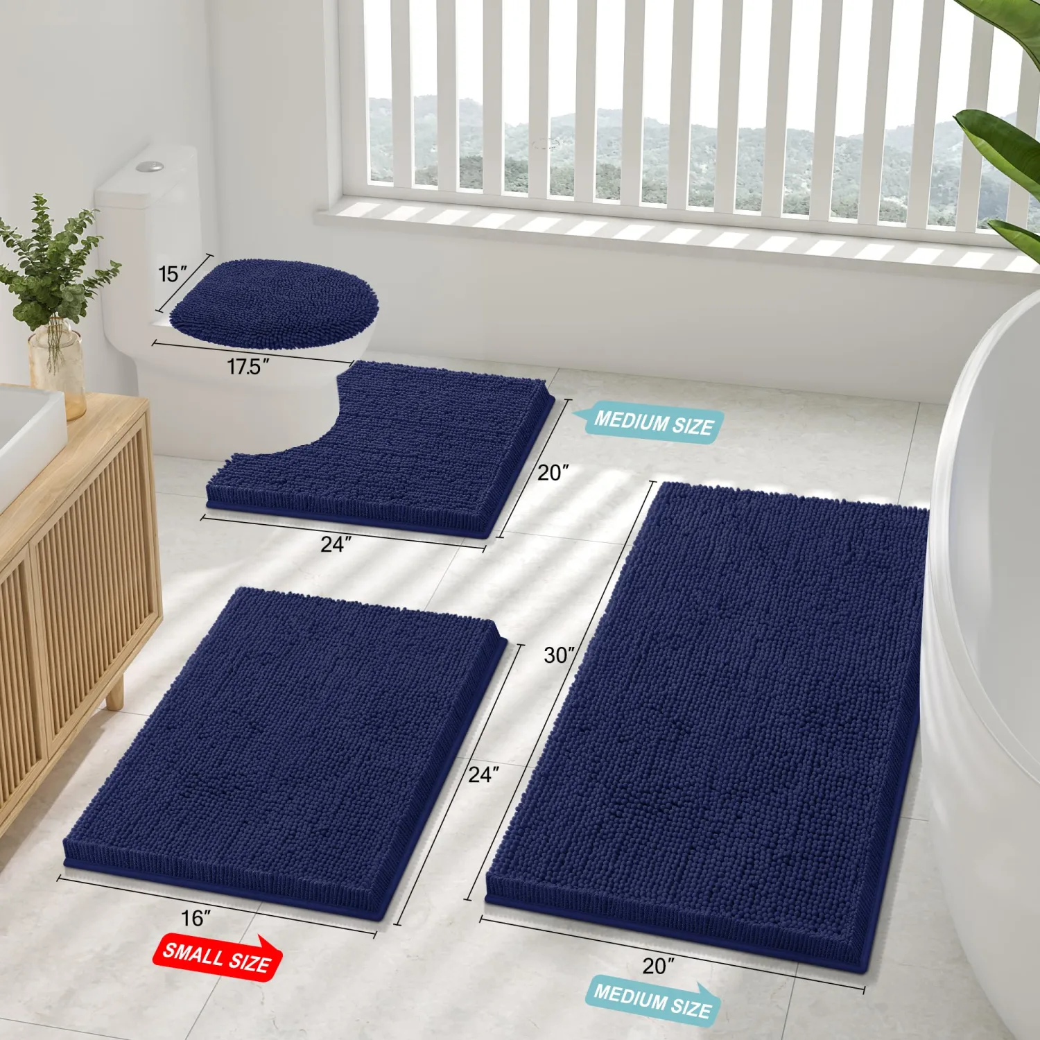 Smiry Bathroom Rugs 45X27, Luxury Chenille Extra Soft Absorbent Bath Mat | Navy Blue, Machine Washable Non-Slip Plush Bath Mats for Bathroom, Tub, Shower, and Floor, Home Decor