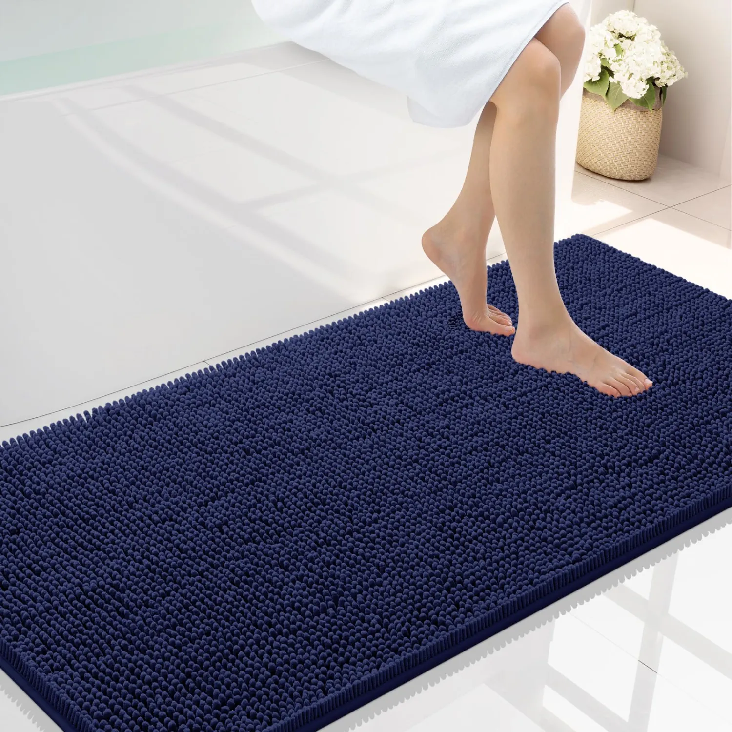 Smiry Bathroom Rugs 45X27, Luxury Chenille Extra Soft Absorbent Bath Mat | Navy Blue, Machine Washable Non-Slip Plush Bath Mats for Bathroom, Tub, Shower, and Floor, Home Decor
