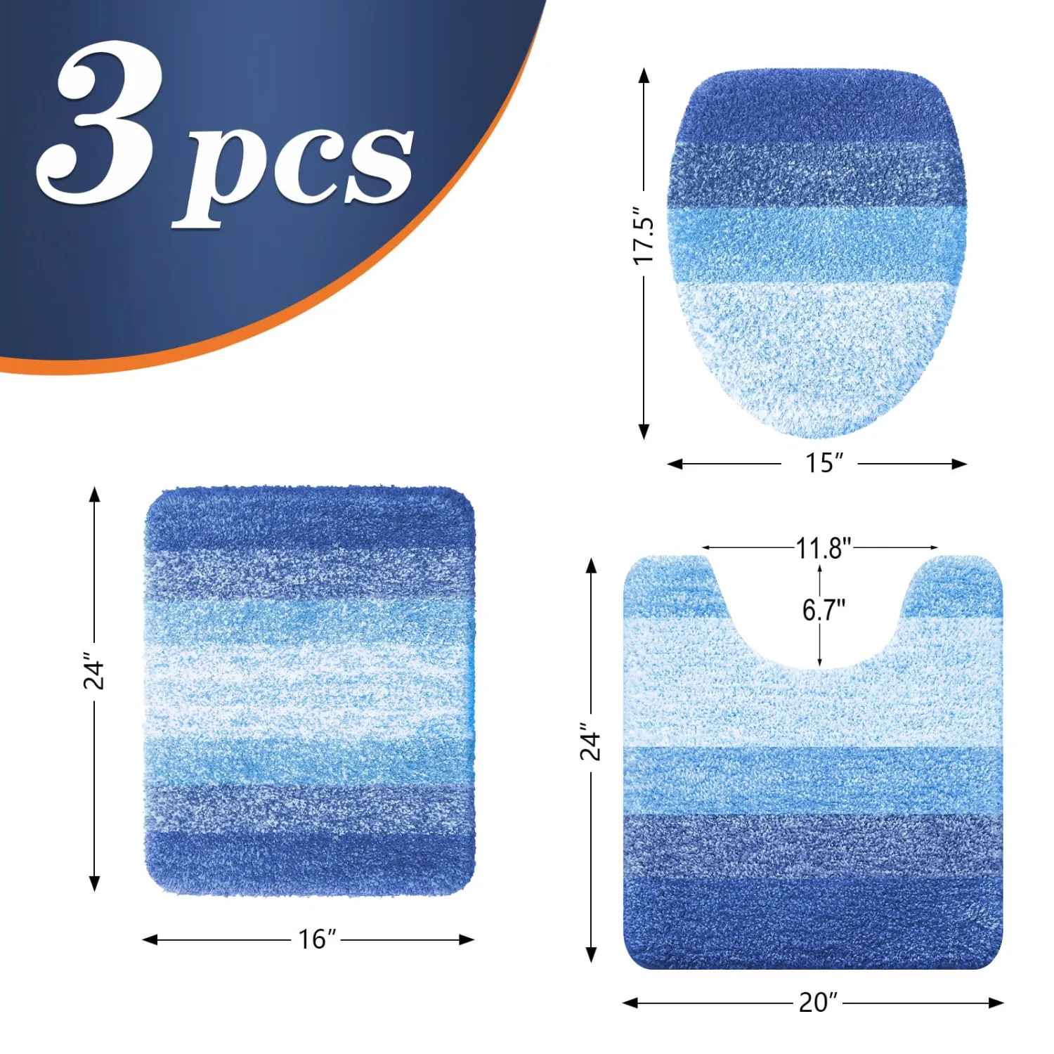 OLANLY Bathroom Rugs Sets 3 piece, Soft Microfiber Absorbent Bath Mat, U-Shaped Contour Toilet Mat and Toilet Lid Cover, Machine Washable, Toilet Cover and Rug Set for Bathroom, Light Royal Blue