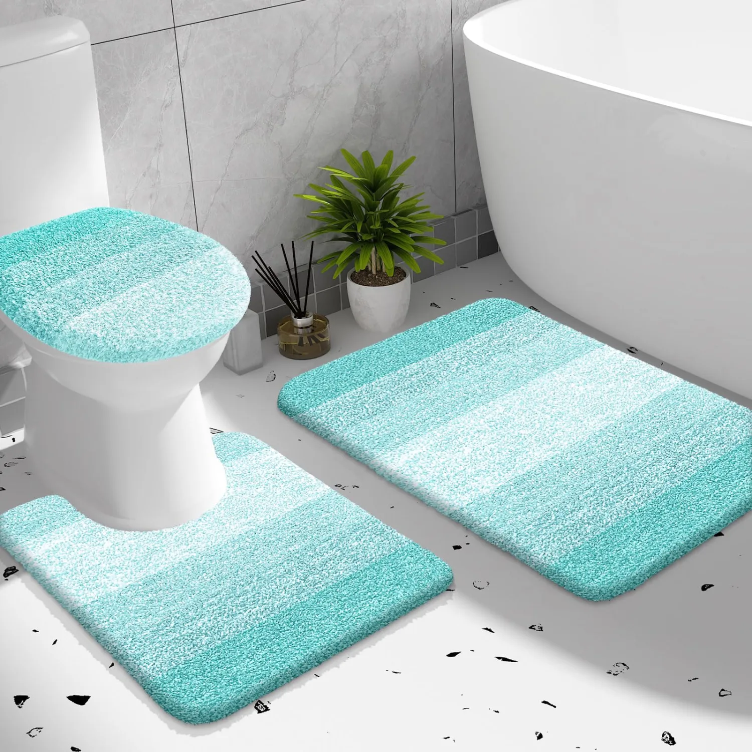 OLANLY Bathroom Rugs Sets 3 piece, Soft Microfiber Absorbent Bath Mat, U-Shaped Contour Toilet Mat and Toilet Lid Cover, Quick Dry, Machine Washable, Toilet Cover and Rug Set for Bathroom, Teal