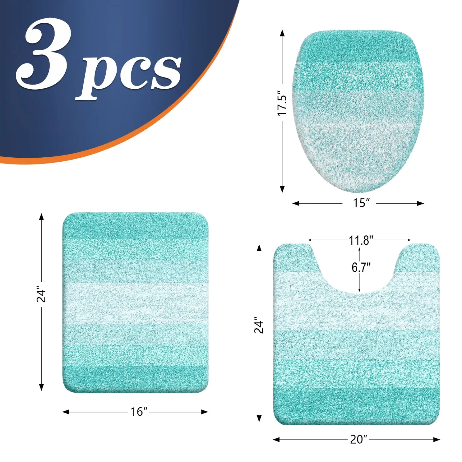 OLANLY Bathroom Rugs Sets 3 piece, Soft Microfiber Absorbent Bath Mat, U-Shaped Contour Toilet Mat and Toilet Lid Cover, Quick Dry, Machine Washable, Toilet Cover and Rug Set for Bathroom, Teal