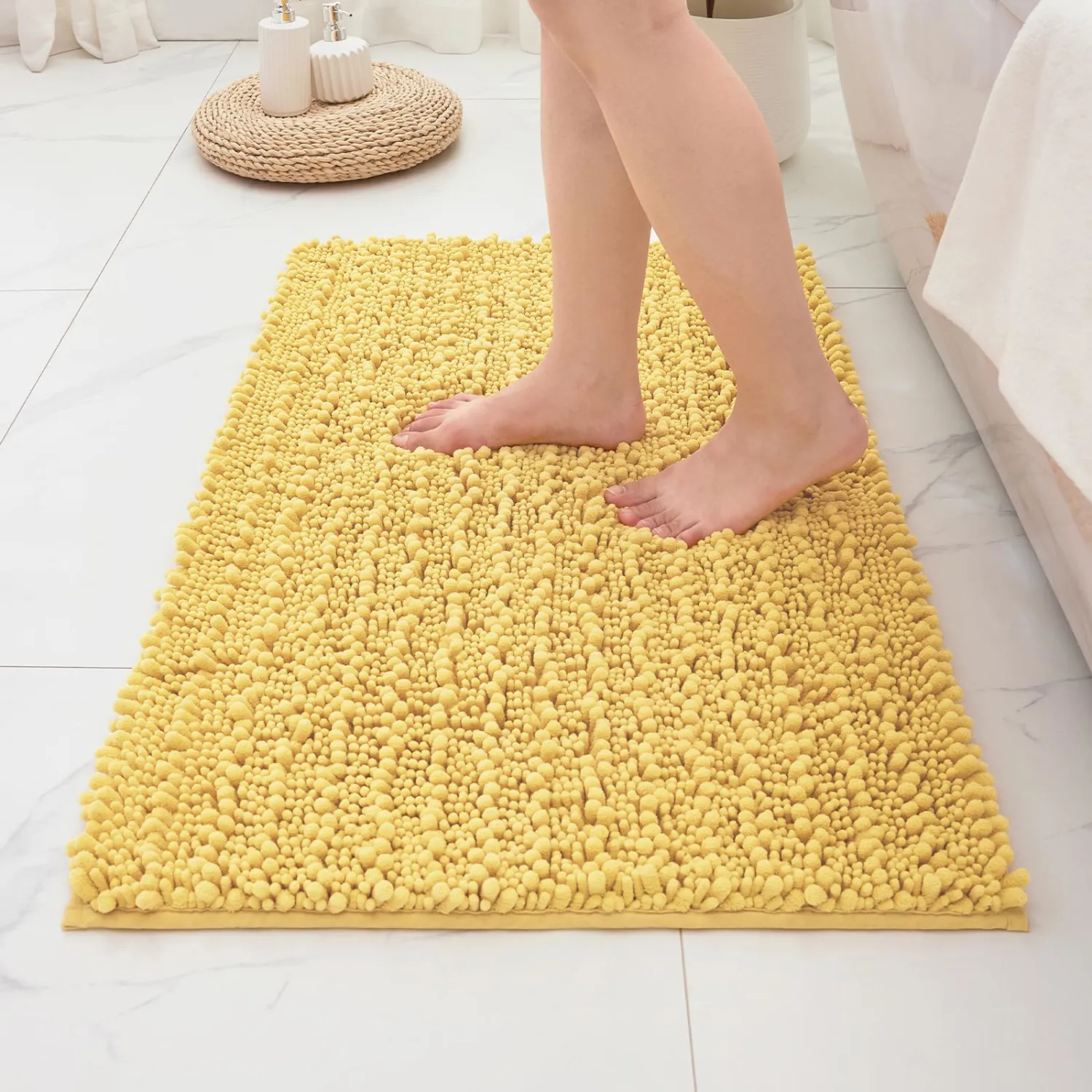 ILANGO Bathroom Rugs Yellow 36x24,Extra Soft Absorbent Chenille Bath Rugs,Thick Non-Slip Shaggy Bath Mat,Machine Washable Quick Dry Shaggy Bath Mats for Bathroom Floor, Tub, Shower Accessories