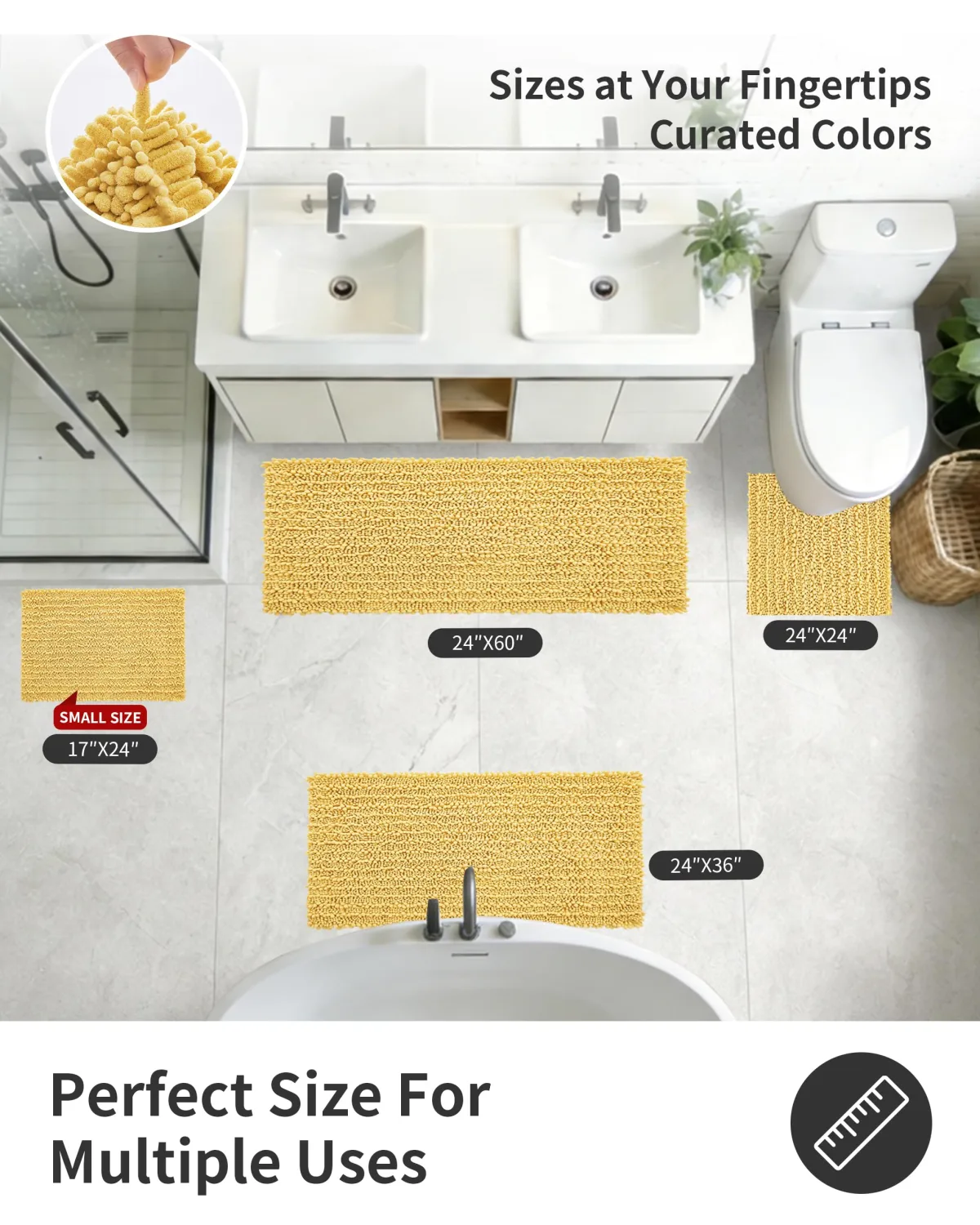 ILANGO Bathroom Rugs Yellow 36x24,Extra Soft Absorbent Chenille Bath Rugs,Thick Non-Slip Shaggy Bath Mat,Machine Washable Quick Dry Shaggy Bath Mats for Bathroom Floor, Tub, Shower Accessories