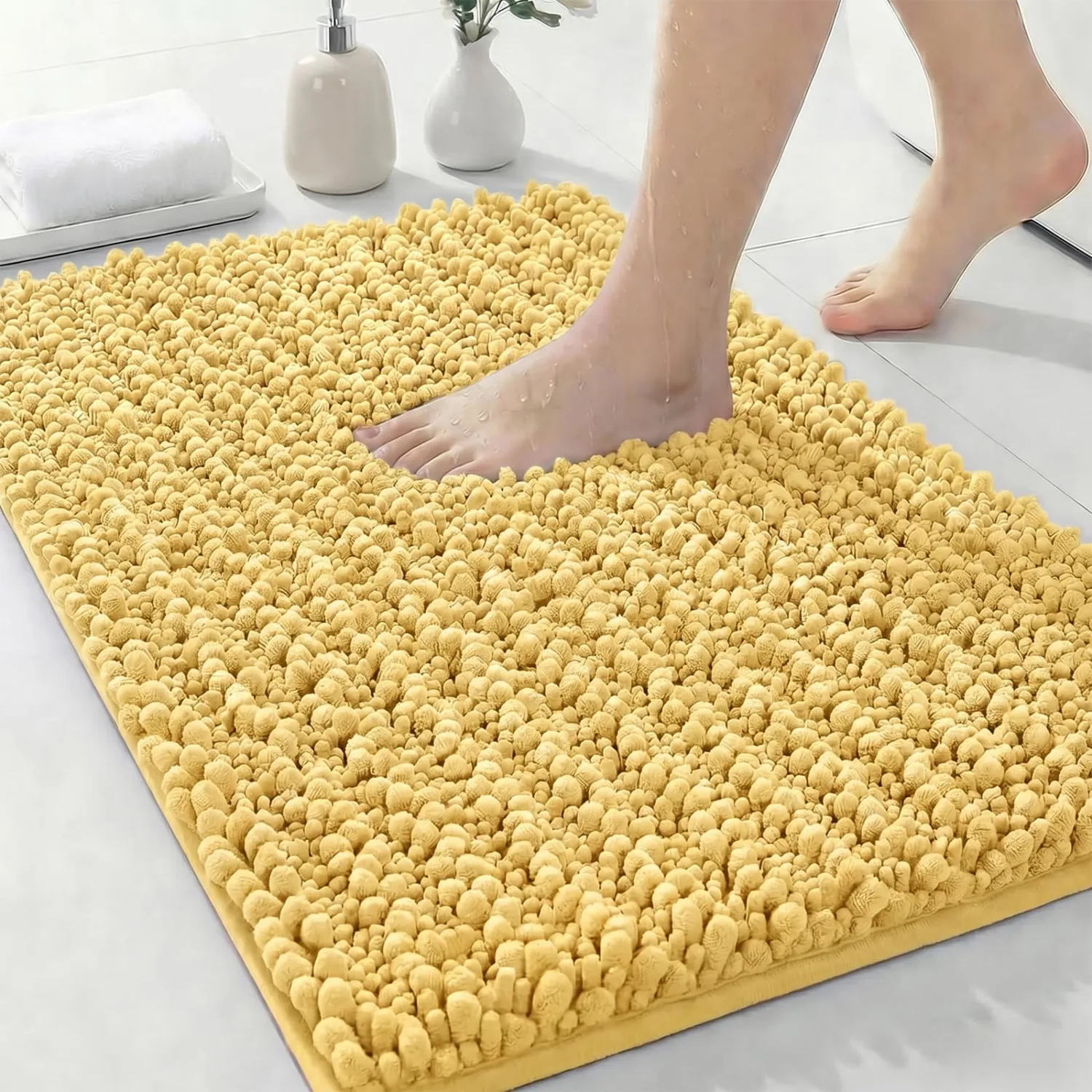 ILANGO Bathroom Rugs Yellow 36x24,Extra Soft Absorbent Chenille Bath Rugs,Thick Non-Slip Shaggy Bath Mat,Machine Washable Quick Dry Shaggy Bath Mats for Bathroom Floor, Tub, Shower Accessories
