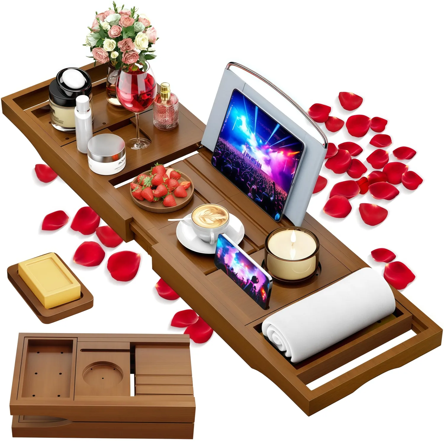 Foldable Bathtub Tray Caddy with Soap Dish Adjustable29.5-43''Walnut | Bamboo Bath Table Trays with Non-slip Pads, Wine Glass Holder, Adjustable Tablet Book Stand, Spa Bath Essentials Organizer