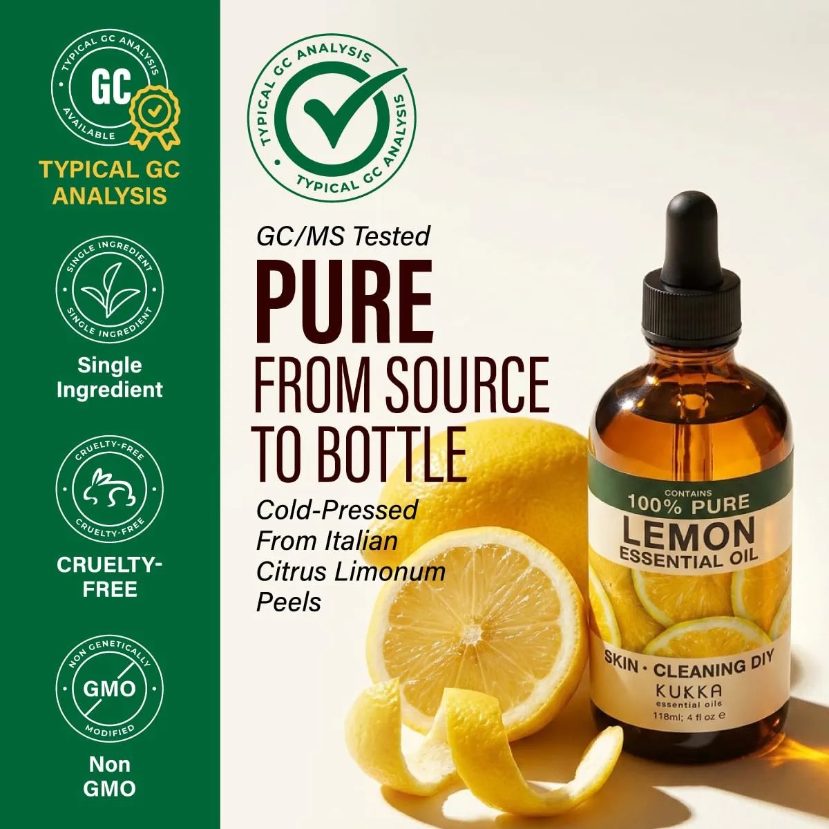 Kukka Lemon Essential Oil - Huge 4 Fl Oz - 100% Pure Natural Lemon Oil for Skin, Cleaning, Diffuser & DIY - Natural Lemon Essence Oil for Aromatherapy, Soap Making & More | Cold-Pressed Italian, Undiluted, for Diffuser, Aromatherapy, Cleaning, Household Use - GC-MS Tested, Non-GMO