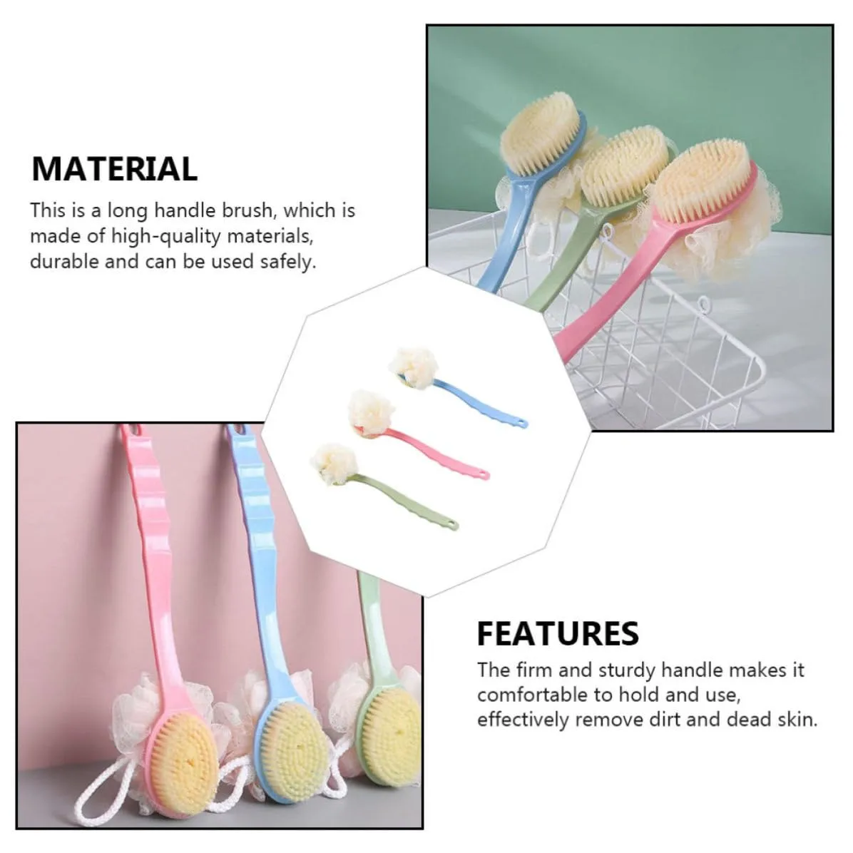 3pcs Long Handle Bath Body Brushes with Soft Pp Bristles for Effective Back Cleaning and Froth Production, Practical Shower Bathing Supplies for Gentle Exfoliation Random Color