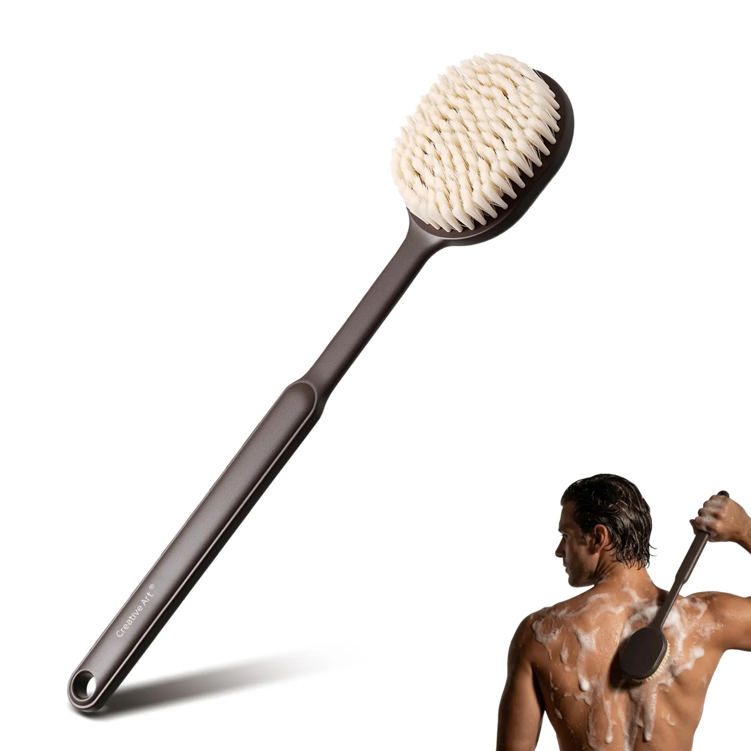 Back Scrubber for Shower for Men Women, Body Brush with Long Handle | Exfoliating Bath Washer with Soft Bristles for Wet or Dry Brushing, Back Scrub Deep Cleaning, Coffee Ground Infused