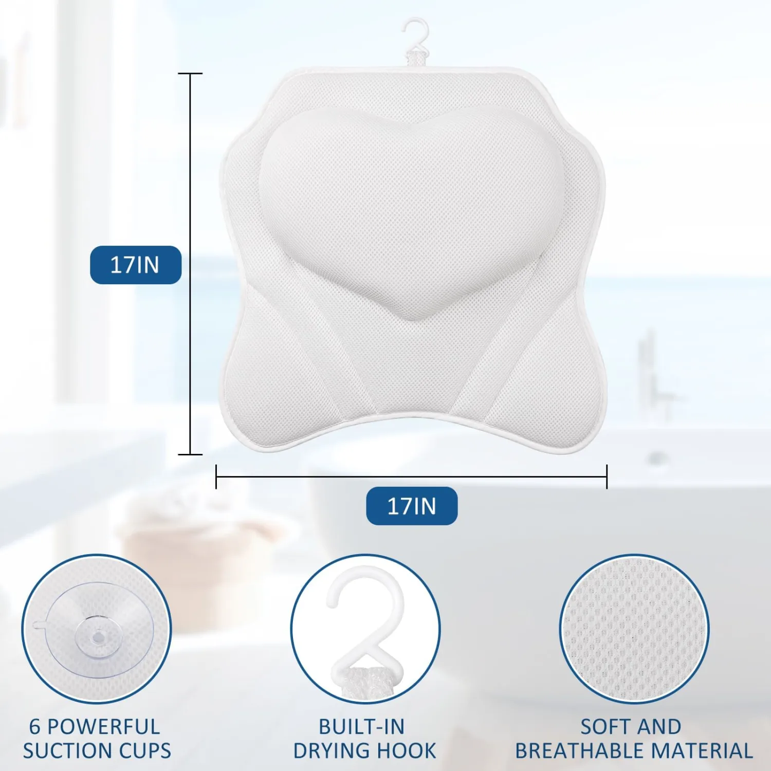 LuxStep Bath Pillow-Bathtub Pillow with Air Mesh | Fabric & 6 Non-Slip Suction Cups, Bath Pillows for Tub Head, Neck and Back Support, Bath Accessories Spa Gifts, White