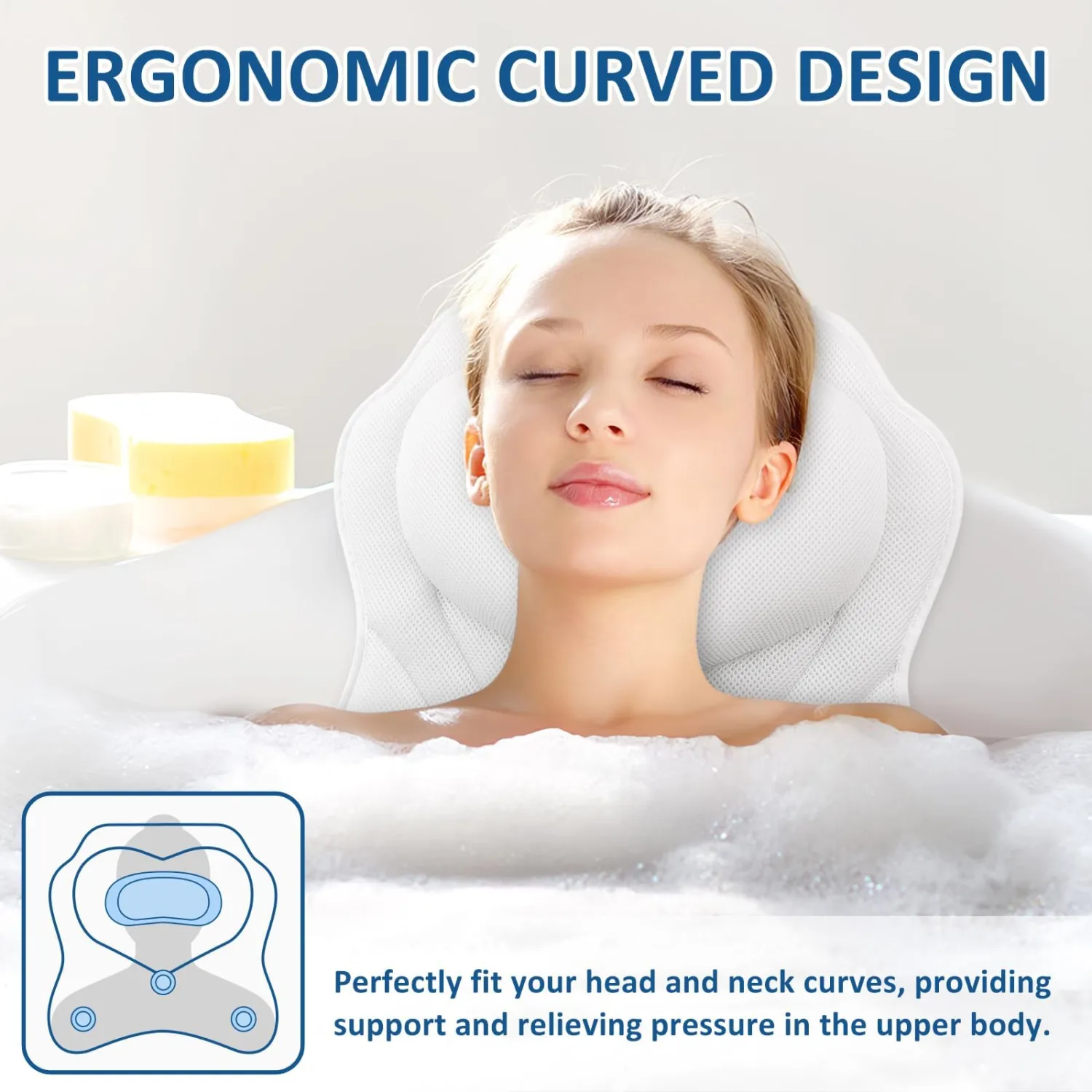 LuxStep Bath Pillow-Bathtub Pillow with Air Mesh | Fabric & 6 Non-Slip Suction Cups, Bath Pillows for Tub Head, Neck and Back Support, Bath Accessories Spa Gifts, White