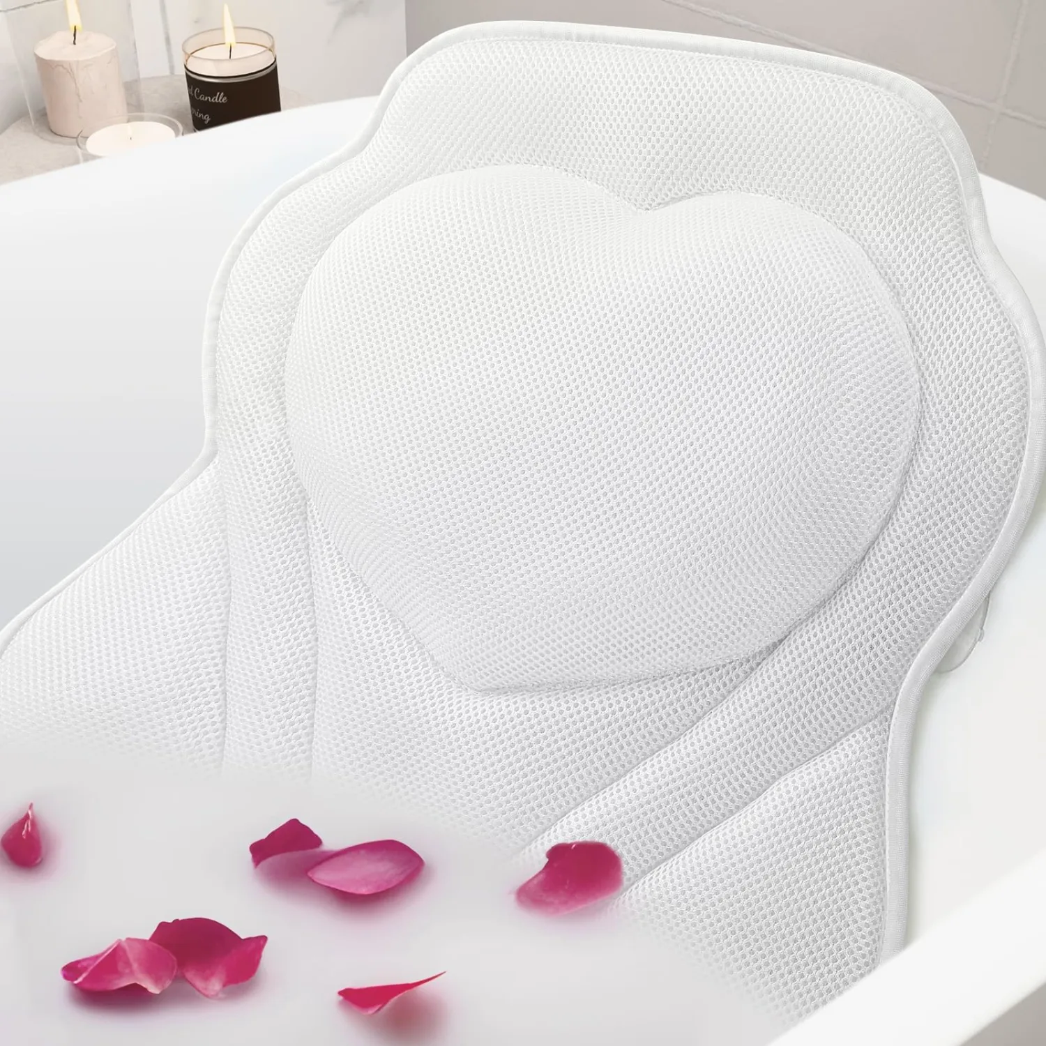 LuxStep Bath Pillow-Bathtub Pillow with Air Mesh | Fabric & 6 Non-Slip Suction Cups, Bath Pillows for Tub Head, Neck and Back Support, Bath Accessories Spa Gifts, White