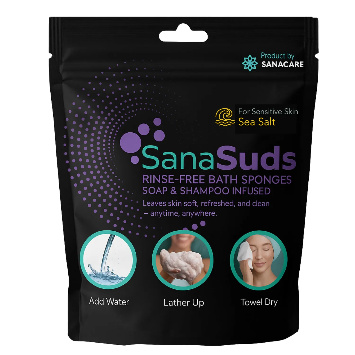 Rinse-Free Bath Sponges, Sea Salt, Sensitive Skin -25ct