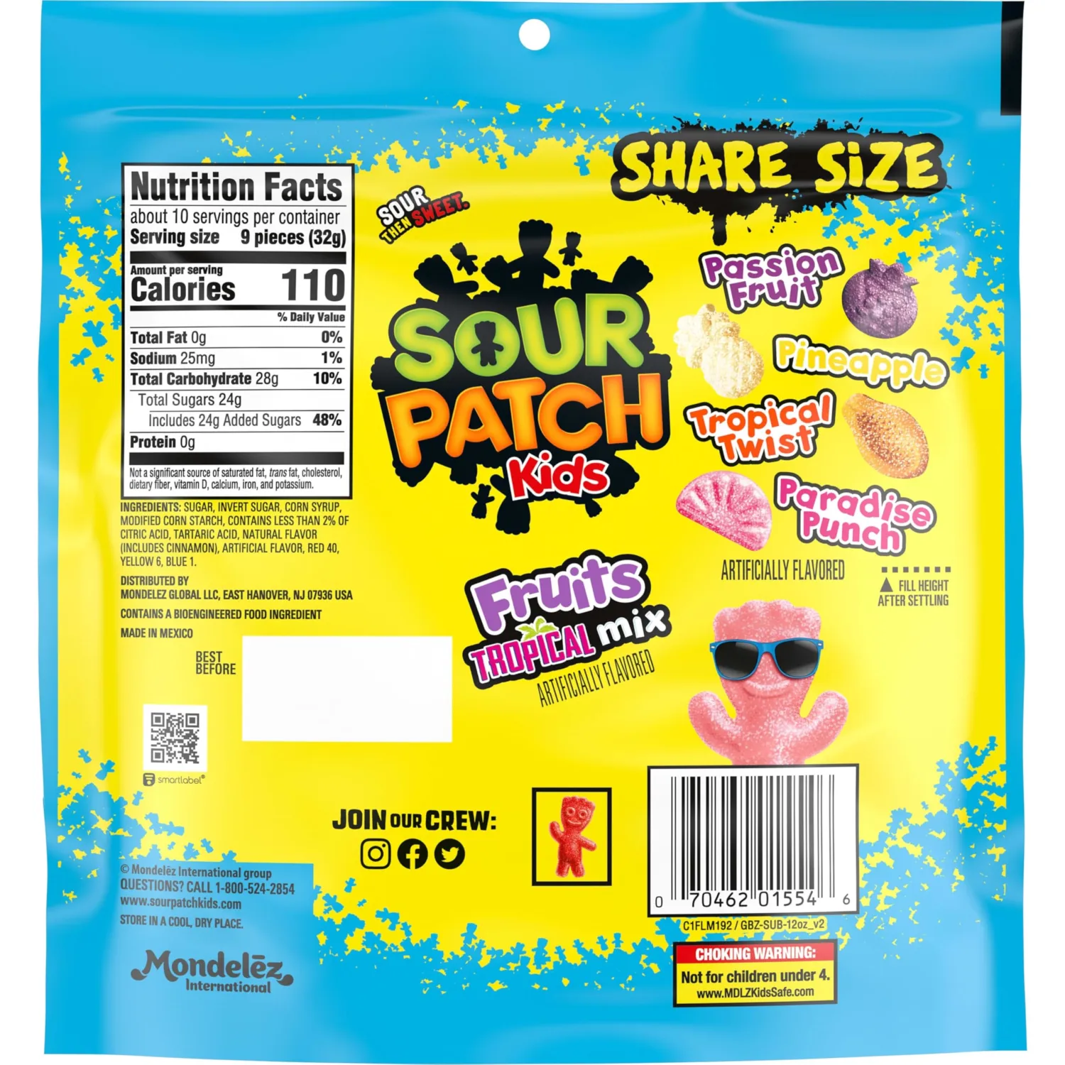 SOUR PATCH KIDS Fruits Tropical Mix Soft & Chewy Gummy Candy, 11.11 oz | Share Size