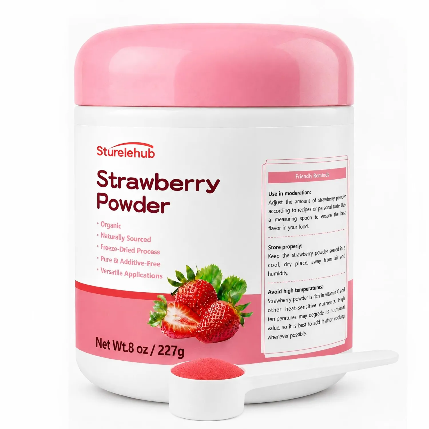 Sturelehub Freeze Dried Strawberry Powder 8oz, Clean Ingredients for Drinks | Includes Scoop, Naturally Vibrant Color, Rich Strawberry Aroma, Smooth Texture, Balanced Sweetness, Easy to Blend