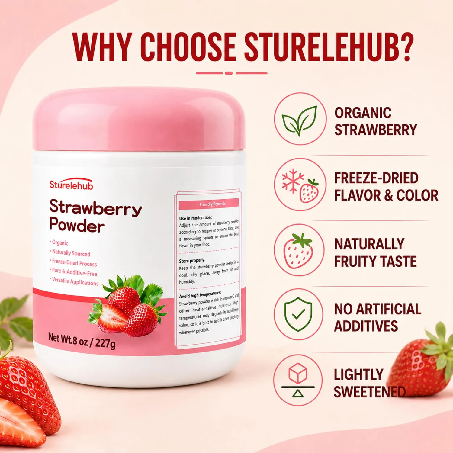 Sturelehub Freeze Dried Strawberry Powder 8oz, Clean Ingredients for Drinks | Includes Scoop, Naturally Vibrant Color, Rich Strawberry Aroma, Smooth Texture, Balanced Sweetness, Easy to Blend