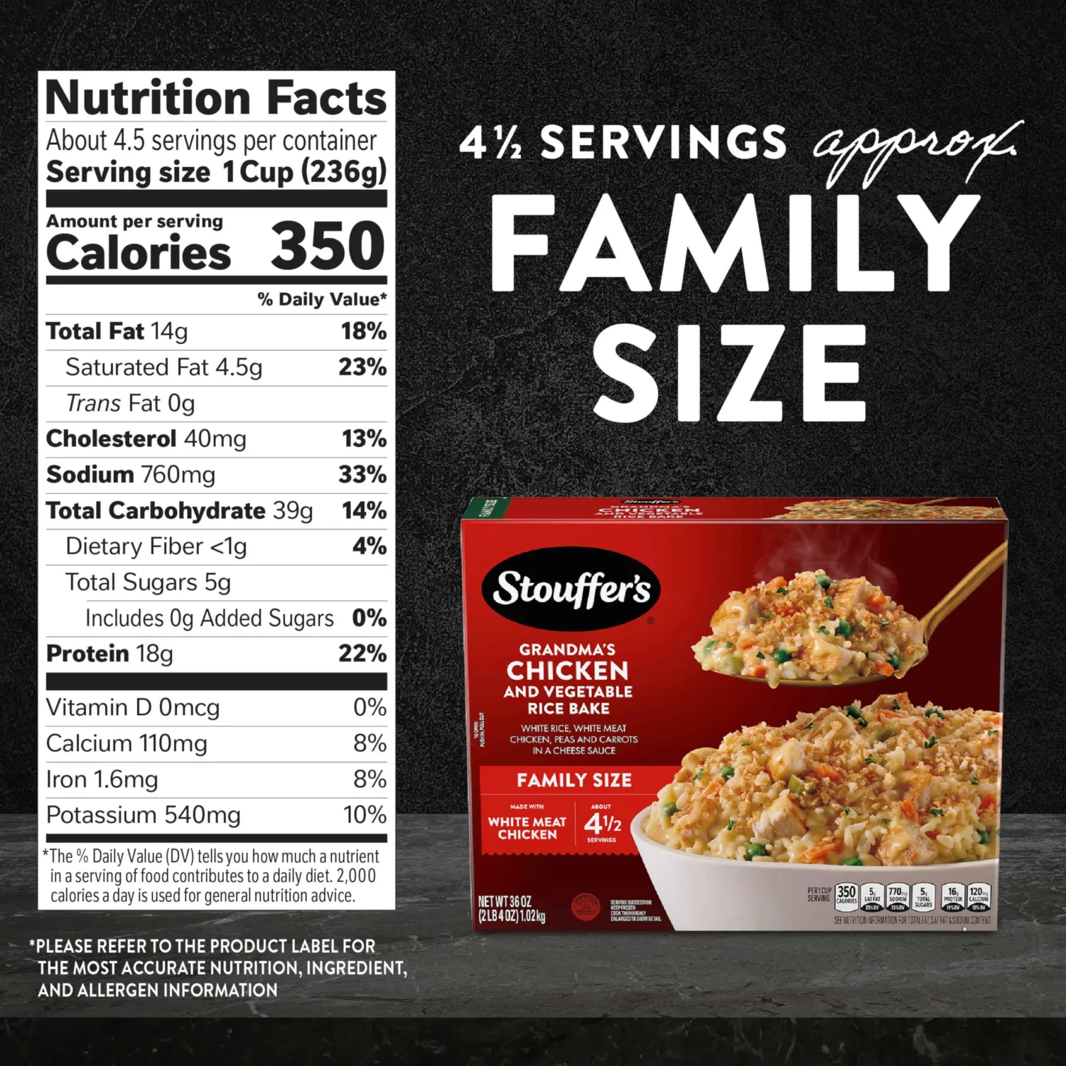 Stouffer's Chicken and Vegetable Rice Bake, Family Size Frozen Meal, 36 Oz