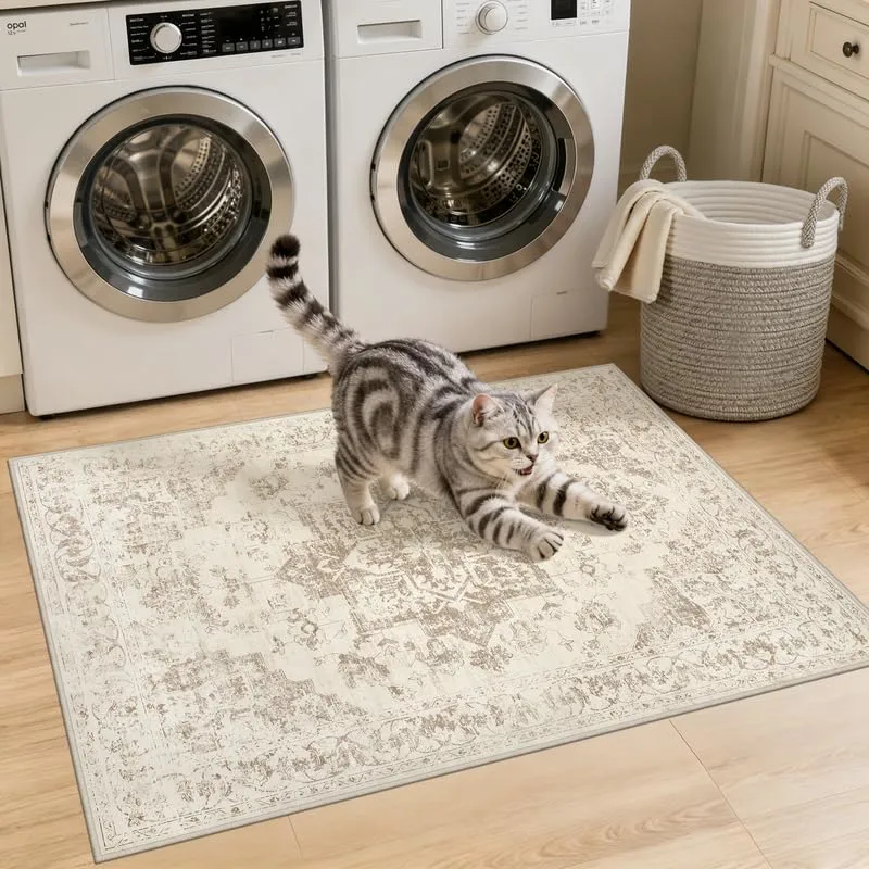 Washable Area Rugs 2x3: Living Room Bedroom Carpet Beige/Ivory | Vintage Boho Indoor Decor Soft Small Entryway Throw Neutral Kitchen Bathroom Laundry Floor Non-Slip Low Pile Entrance Rug