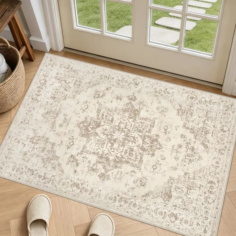 Washable Area Rugs 2x3: Living Room Bedroom Carpet Beige/Ivory | Vintage Boho Indoor Decor Soft Small Entryway Throw Neutral Kitchen Bathroom Laundry Floor Non-Slip Low Pile Entrance Rug