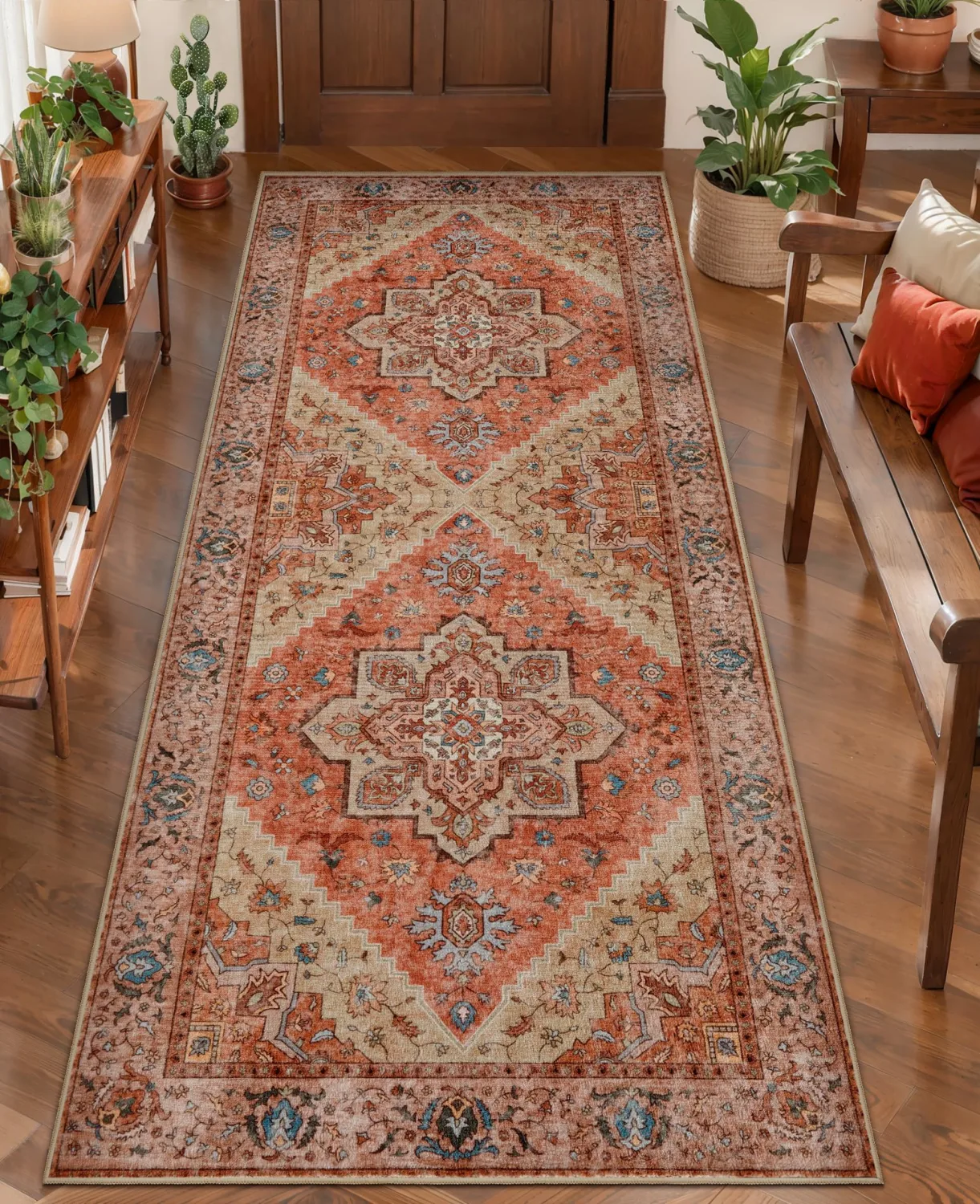 Tangsoo Boho 2x5 Washable Runner Rugs for Hallways, Non Slip Runner Rug | Oriental Soft Low Pile Long Rug Runner, Vintage Indoor Carpet Runners for Entryway Kitchen Bedroom Bathroom Terracotta Decor