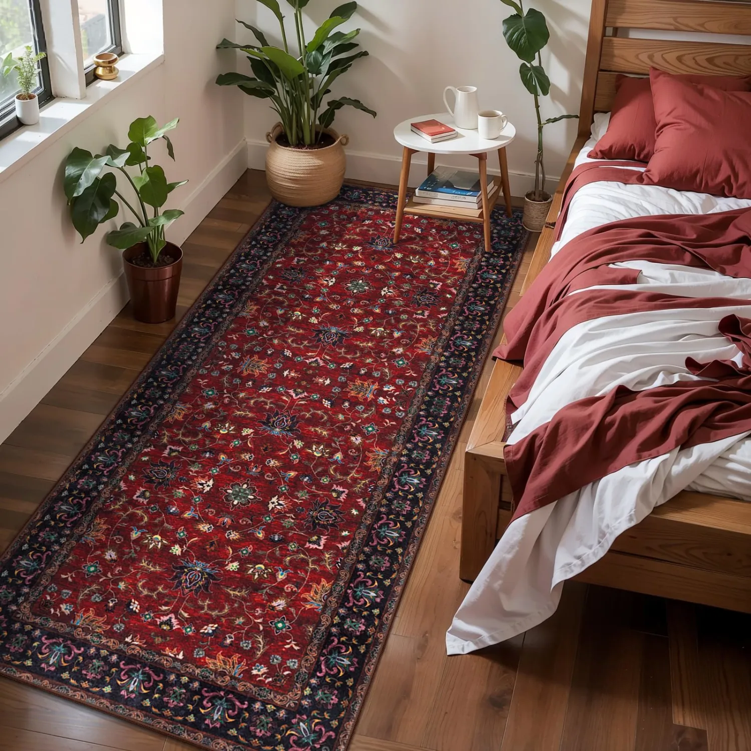 Tangsoo 2x6 Washable Runner Rug for Hallways, Oriental Non Slip Rug Runners | Vinatge Soft Low Pile Rug, Boho Print Carpet Farmhouse Hallway Runner for Kitchen Bedroom Entryway Bathroom Red Black