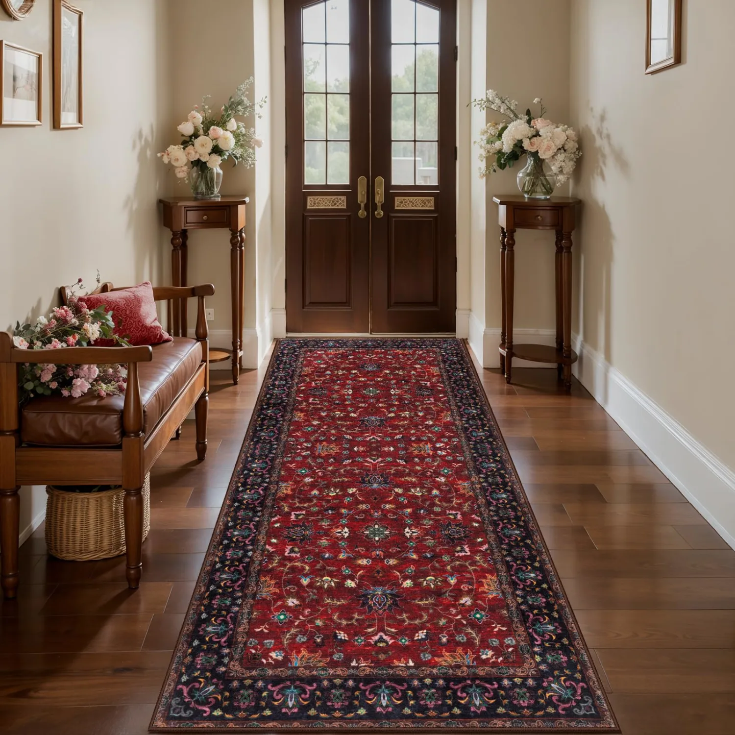 Tangsoo 2x6 Washable Runner Rug for Hallways, Oriental Non Slip Rug Runners | Vinatge Soft Low Pile Rug, Boho Print Carpet Farmhouse Hallway Runner for Kitchen Bedroom Entryway Bathroom Red Black