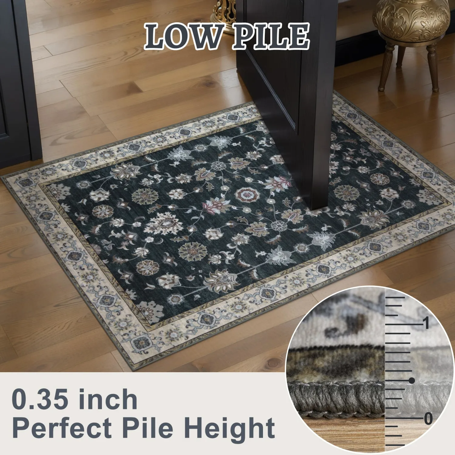 Tangsoo Vintage 3x5 Rugs, Washable Non Slip Accent Rugs for Entryway Black | Farmhouse Print Indoor Carpet, Boho Soft Low Pile 3x5 Area Rugs for Living Room Dorm Bedroom Bedside Bathroom Entrance Decor