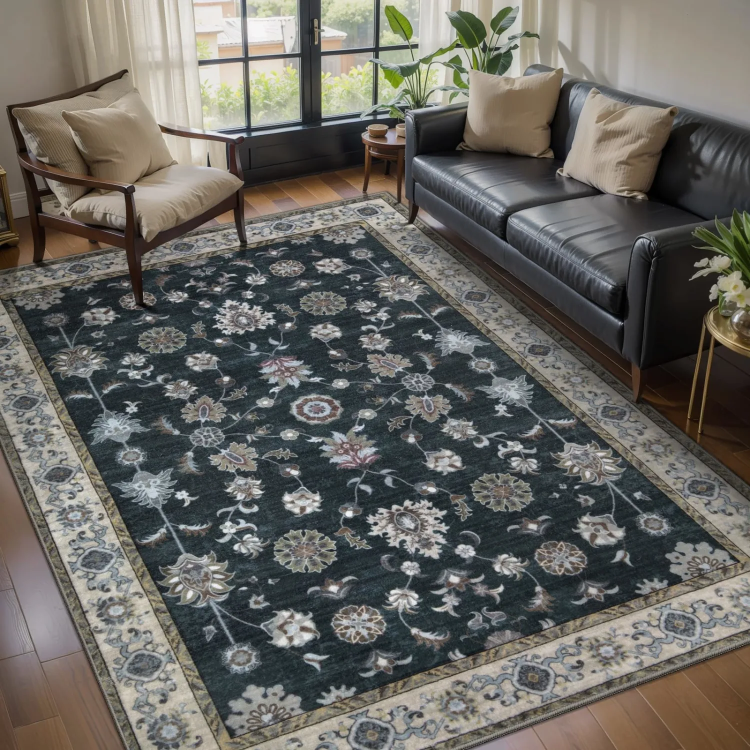 Tangsoo Vintage 3x5 Rugs, Washable Non Slip Accent Rugs for Entryway Black | Farmhouse Print Indoor Carpet, Boho Soft Low Pile 3x5 Area Rugs for Living Room Dorm Bedroom Bedside Bathroom Entrance Decor
