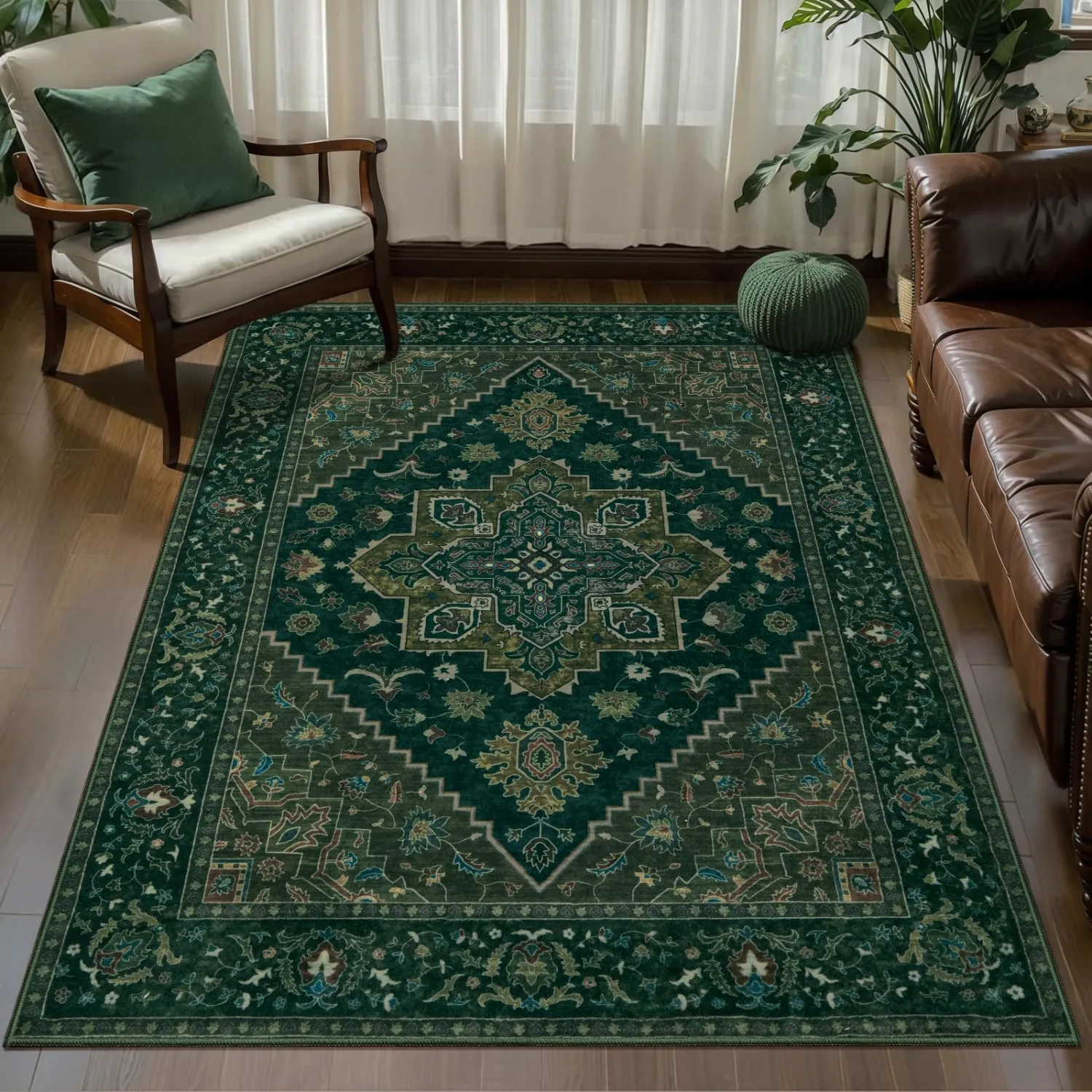 Tangsoo 3x5 Washable Rug Indoor Area Rugs, Vintage Non Slip Accent Rug Carpet, Oriental Soft Low Pile Rugs for Living Room Dorm Bedroom Bedside Entryway Bathroom Home Decor Dark Green