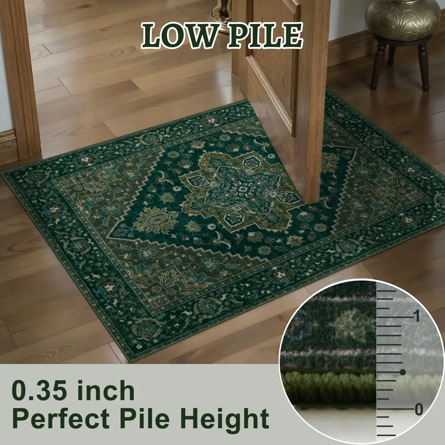 Tangsoo 3x5 Washable Rug Indoor Area Rugs, Vintage Non Slip Accent Rug Carpet, Oriental Soft Low Pile Rugs for Living Room Dorm Bedroom Bedside Entryway Bathroom Home Decor Dark Green