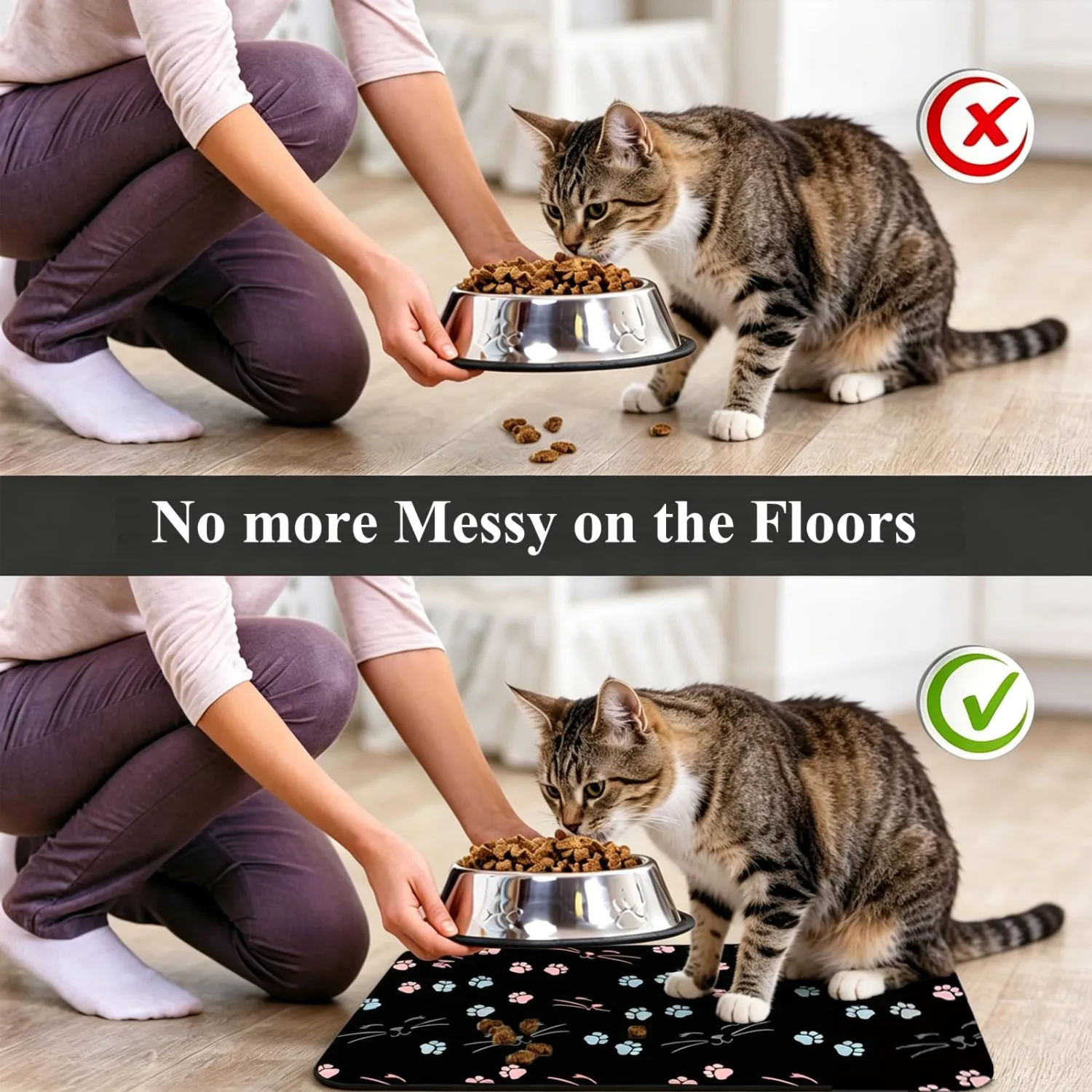 Patterned Cat & Dog Bowl Mat for Food and Water, 12"×20" Quick Dry Absorbent Pet Feeding Mat, Eco-Friendly Dog Placemat