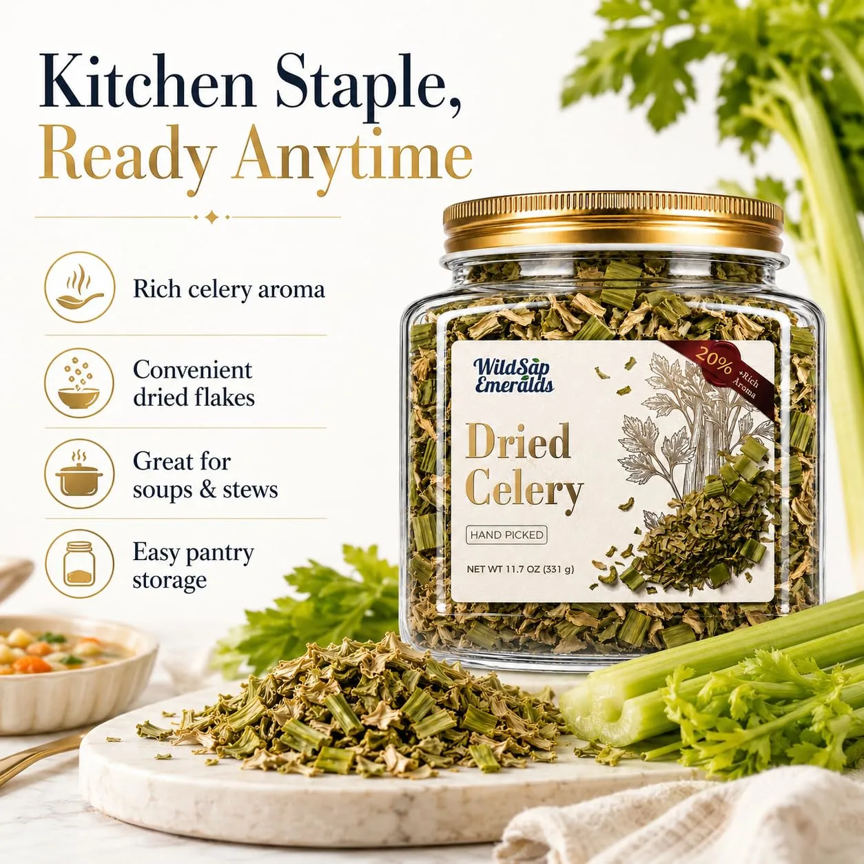 WildSap Emeralds Celery Flakes (331g/11.67 Oz) - Dehydrated Celery in Airtight Jar for Soups, Stews, Sauces, Stuffing, Salads & Seasoning