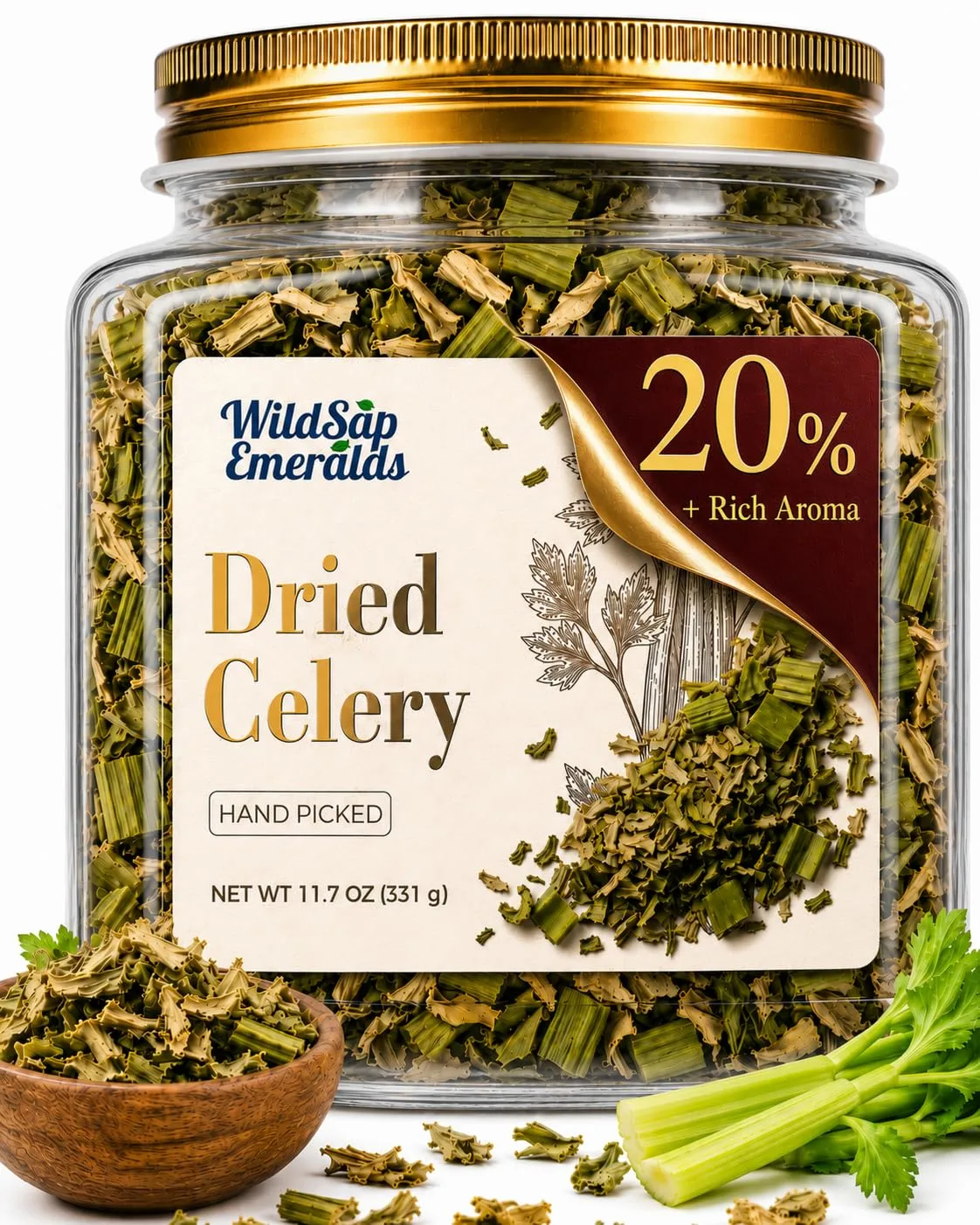 WildSap Emeralds Celery Flakes (331g/11.67 Oz) - Dehydrated Celery in Airtight Jar for Soups, Stews, Sauces, Stuffing, Salads & Seasoning
