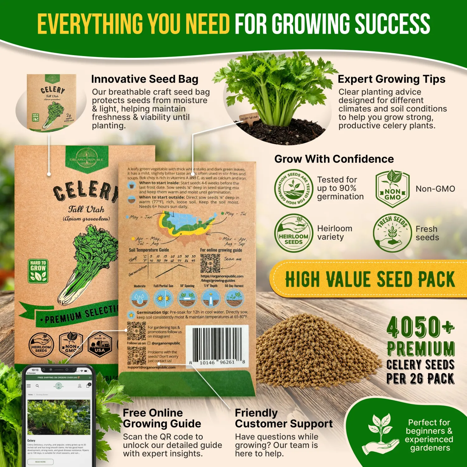 Tall Utah Celery Seeds Pack 2 G - Over 4,050 Non-GMO Heirloom Celery Seeds for Planting Vegetables in Individual Seed Packet