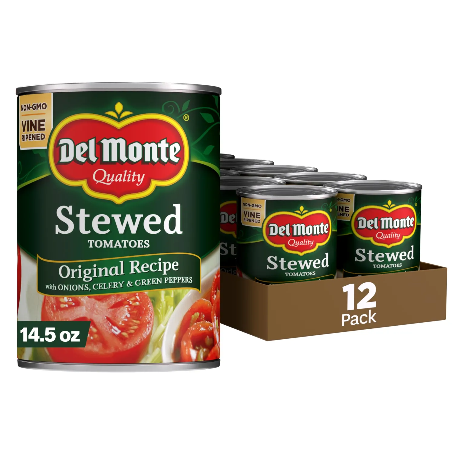 Del Monte Canned Stewed Tomatoes with Onions, Celery & Green Peppers, 14.5 oz, (Pack of 12 Cans)
