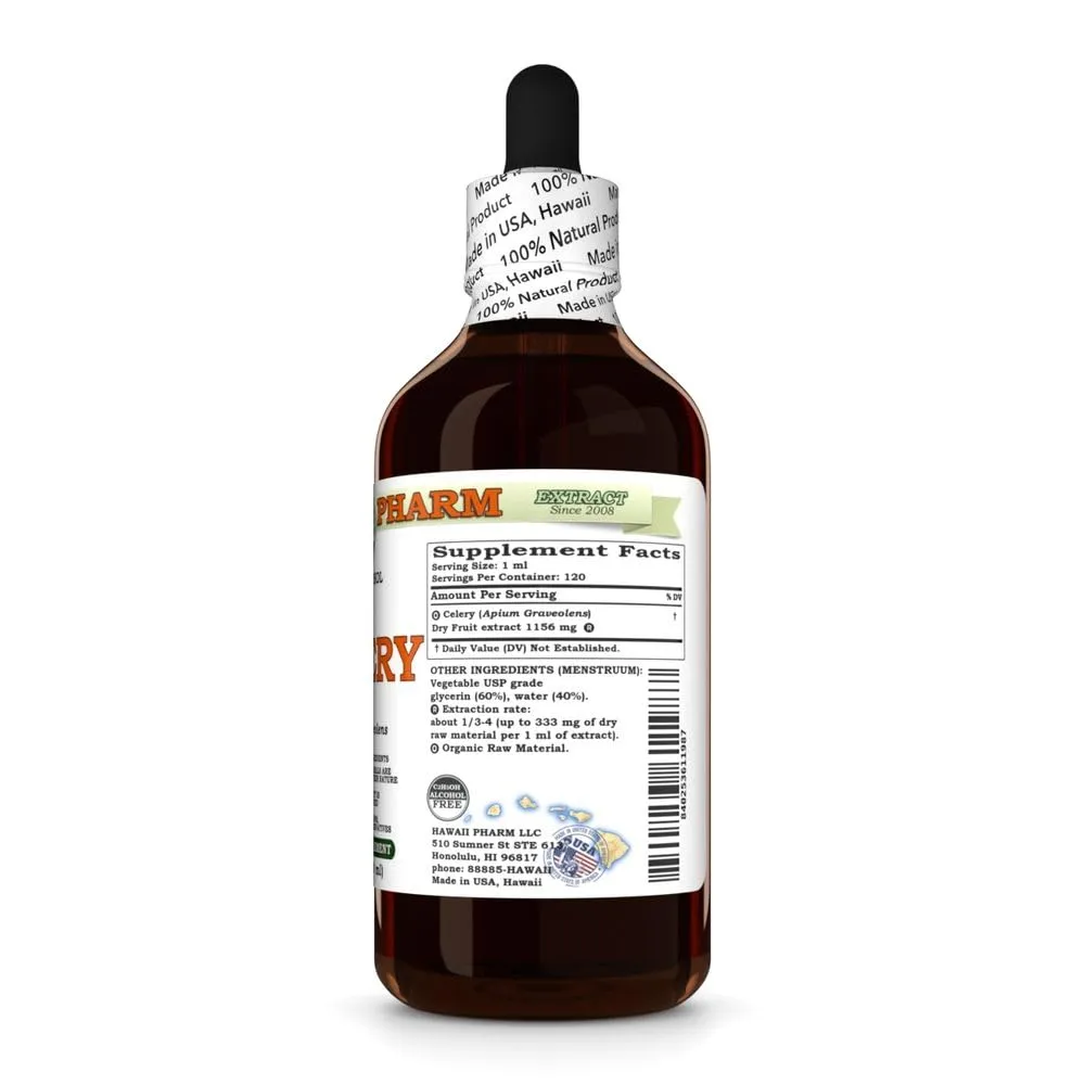 Celery (Apium Graveolens) Dry Fruit Glycerite, Made in Hawaii, Raw Materials, All Natural, Vegan, Lab Tested Alcohol-Free Liquid Extract - 4 fl.oz