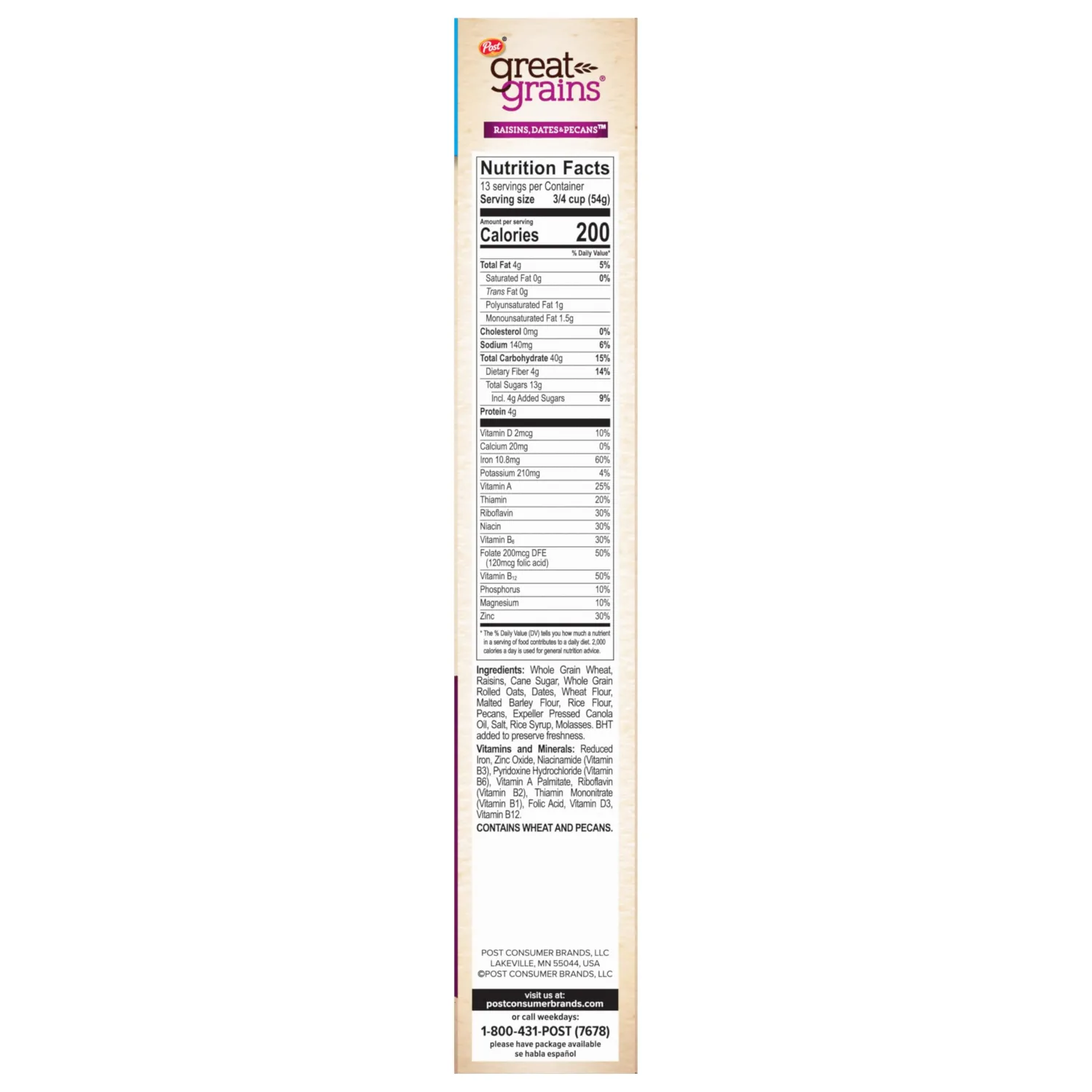Post Great Grains Raisins Dates and Pecans Breakfast Cereal, Raisin Cereal with Sweet Dates and Granola Clusters, Non-GMO Project Verified, 25 OZ Box (Pack of 3)