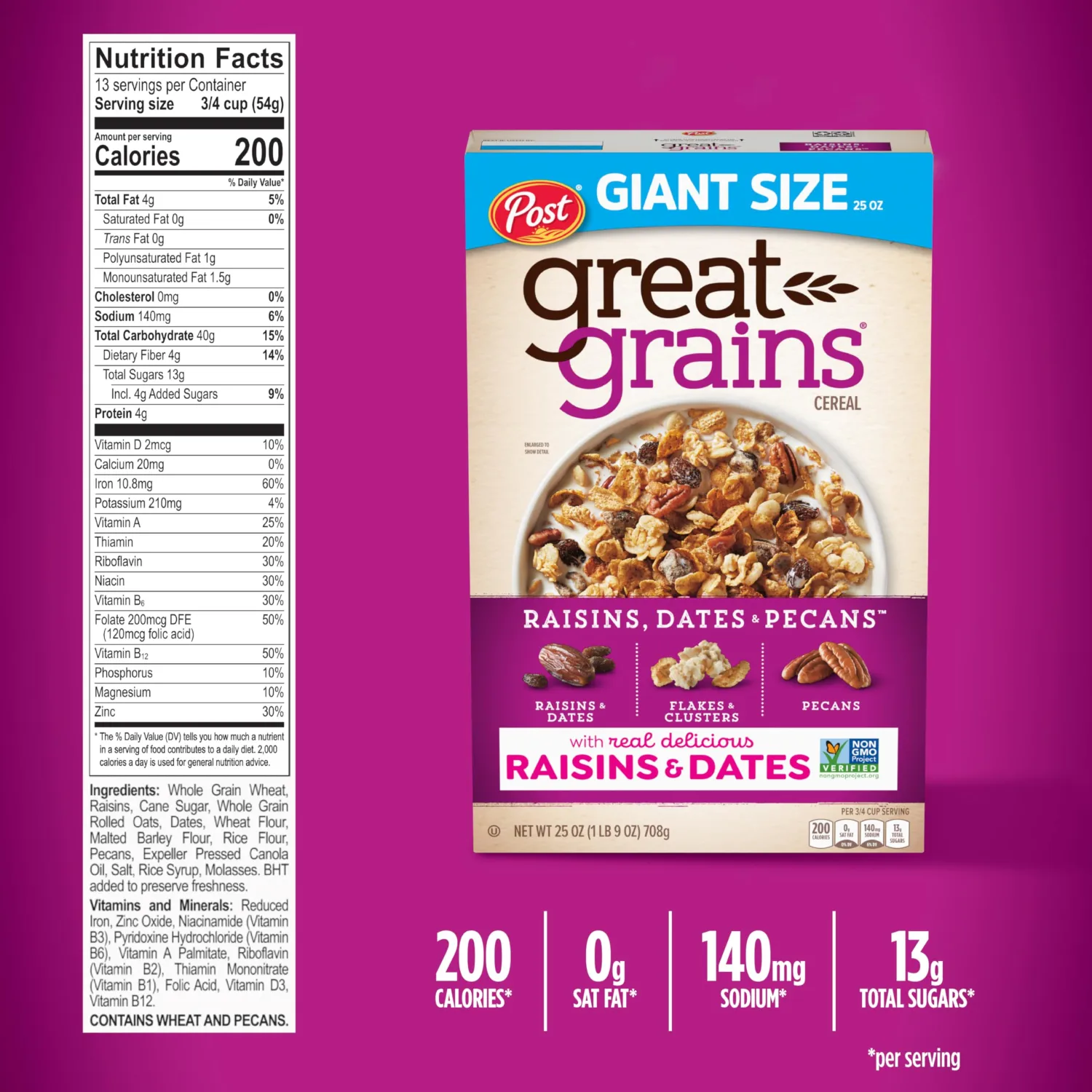 Post Great Grains Raisins Dates and Pecans Breakfast Cereal, Raisin Cereal with Sweet Dates and Granola Clusters, Non-GMO Project Verified, 25 OZ Box (Pack of 3)