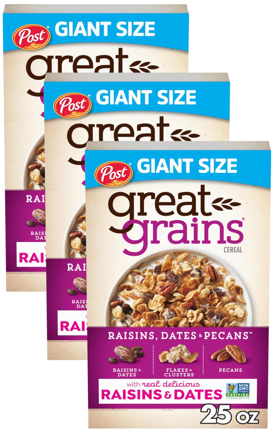 Post Great Grains Raisins Dates and Pecans Breakfast Cereal, Raisin Cereal with Sweet Dates and Granola Clusters, Non-GMO Project Verified, 25 OZ Box (Pack of 3)