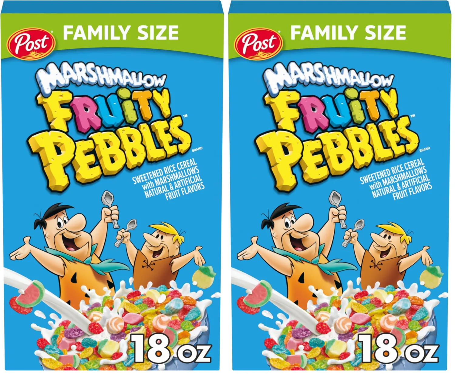 Marshmallow Fruity PEBBLES Breakfast Cereal for Kids, Gluten Free, Made with Sweetened Puffed Rice, 18 Ounce (Pack of 2)