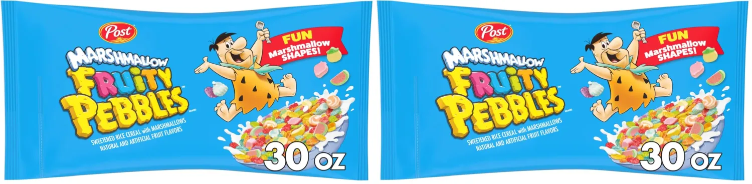 Marshmallow Fruity PEBBLES Breakfast Cereal for Kids, Gluten Free, Made with Sweetened Puffed Rice, 30 oz Bag (Pack of 2)